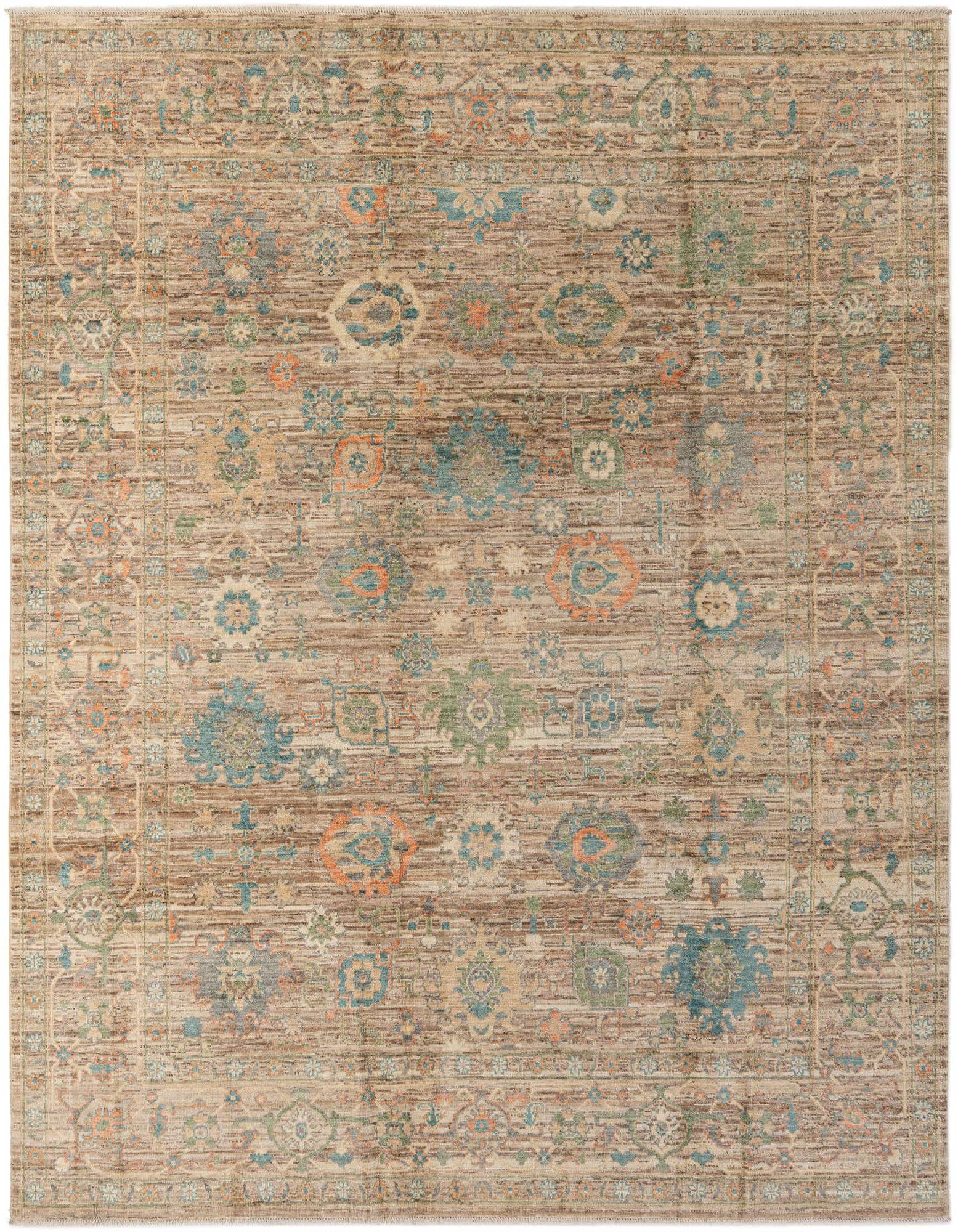 A rectangular 8x10 modern Oushak wool rug with a distressed brown and tan background, featuring scattered floral and medallion patterns in teal, orange, and cream.