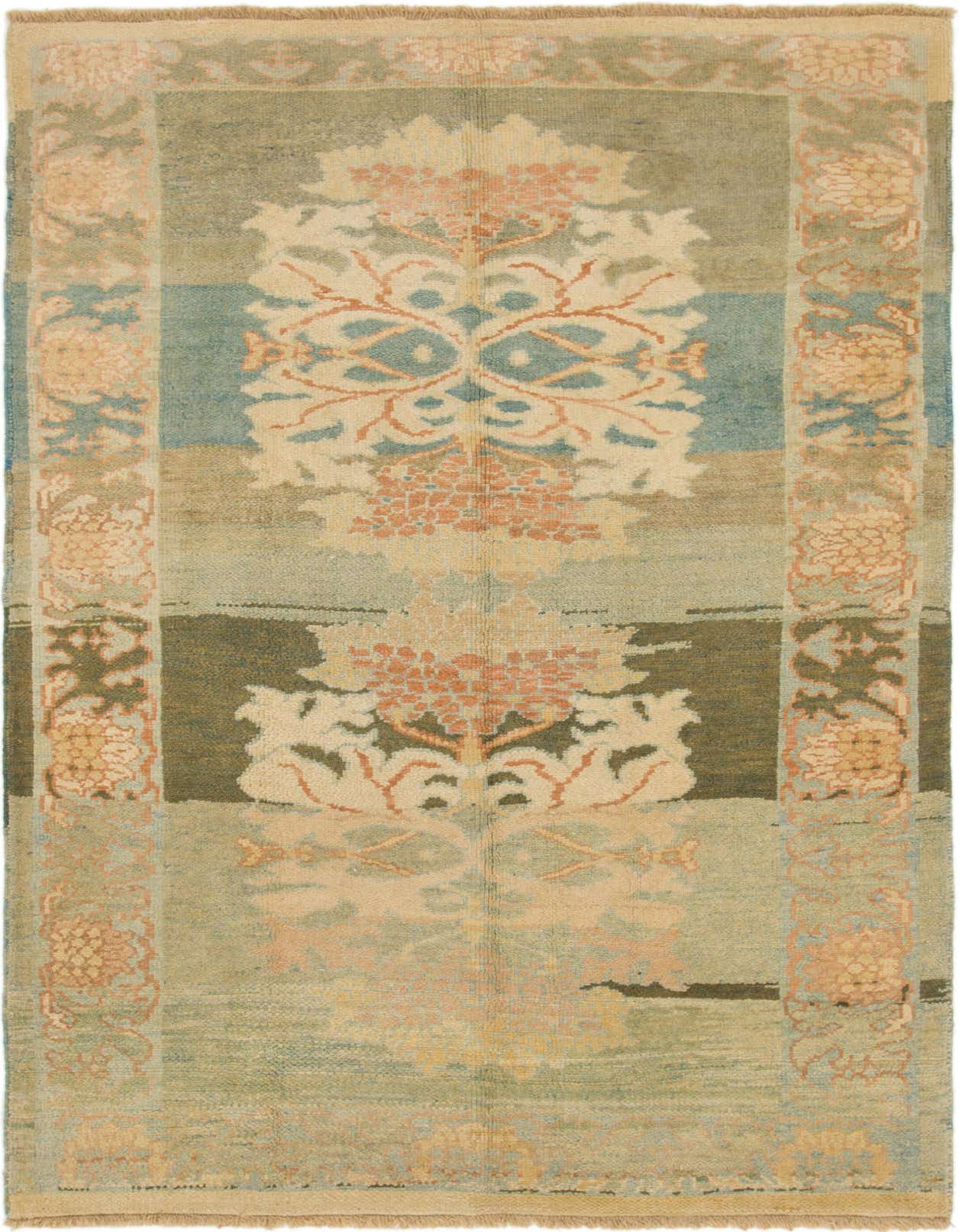 A 6x9 rectangular Oushak rug with a traditional botanical pattern in brown, ivory, and light blue tones.