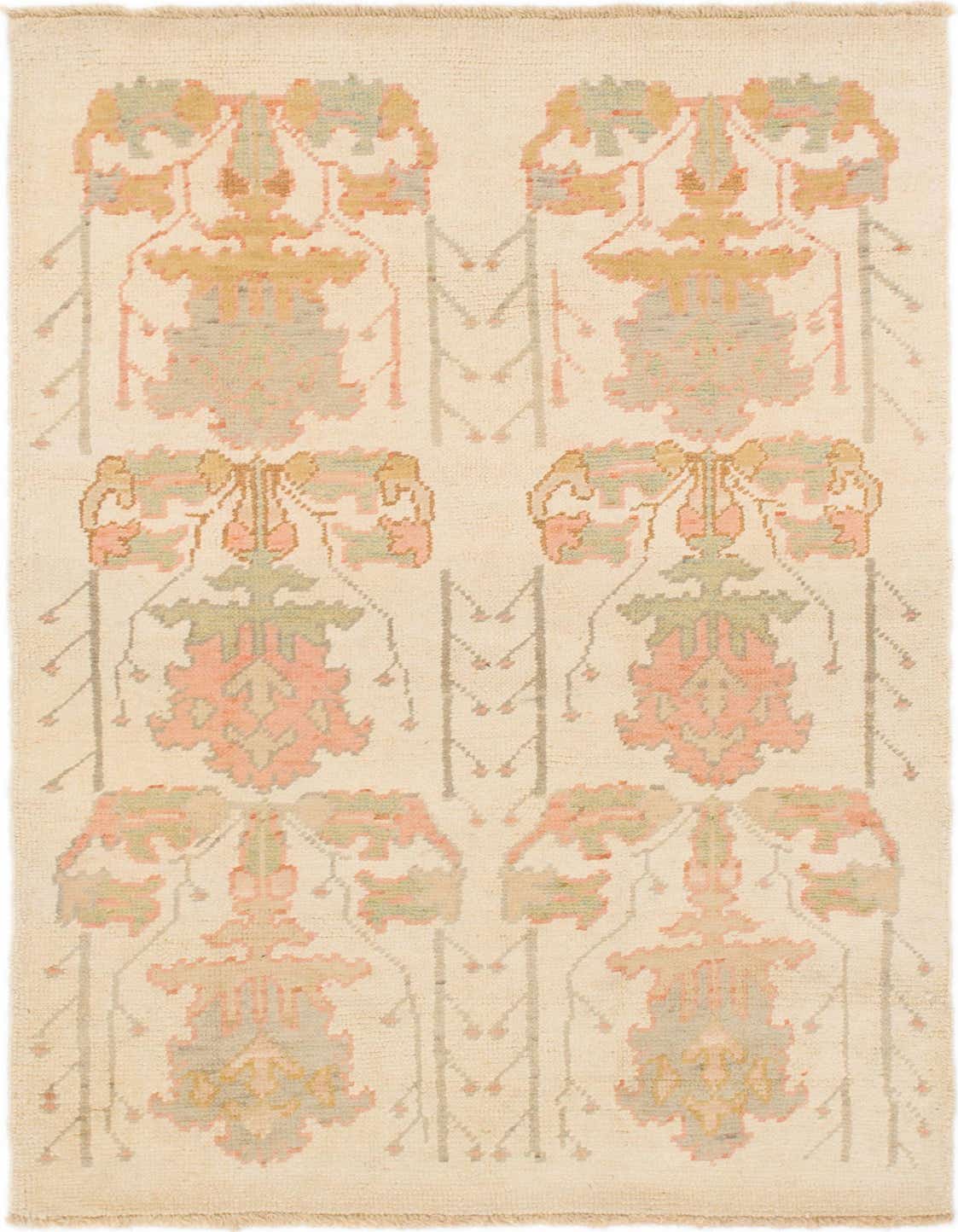 A 4x6 rectangular Oushak rug with a tribal abstract pattern in muted browns, tans, creams, and soft pinks, ideal for a living room.