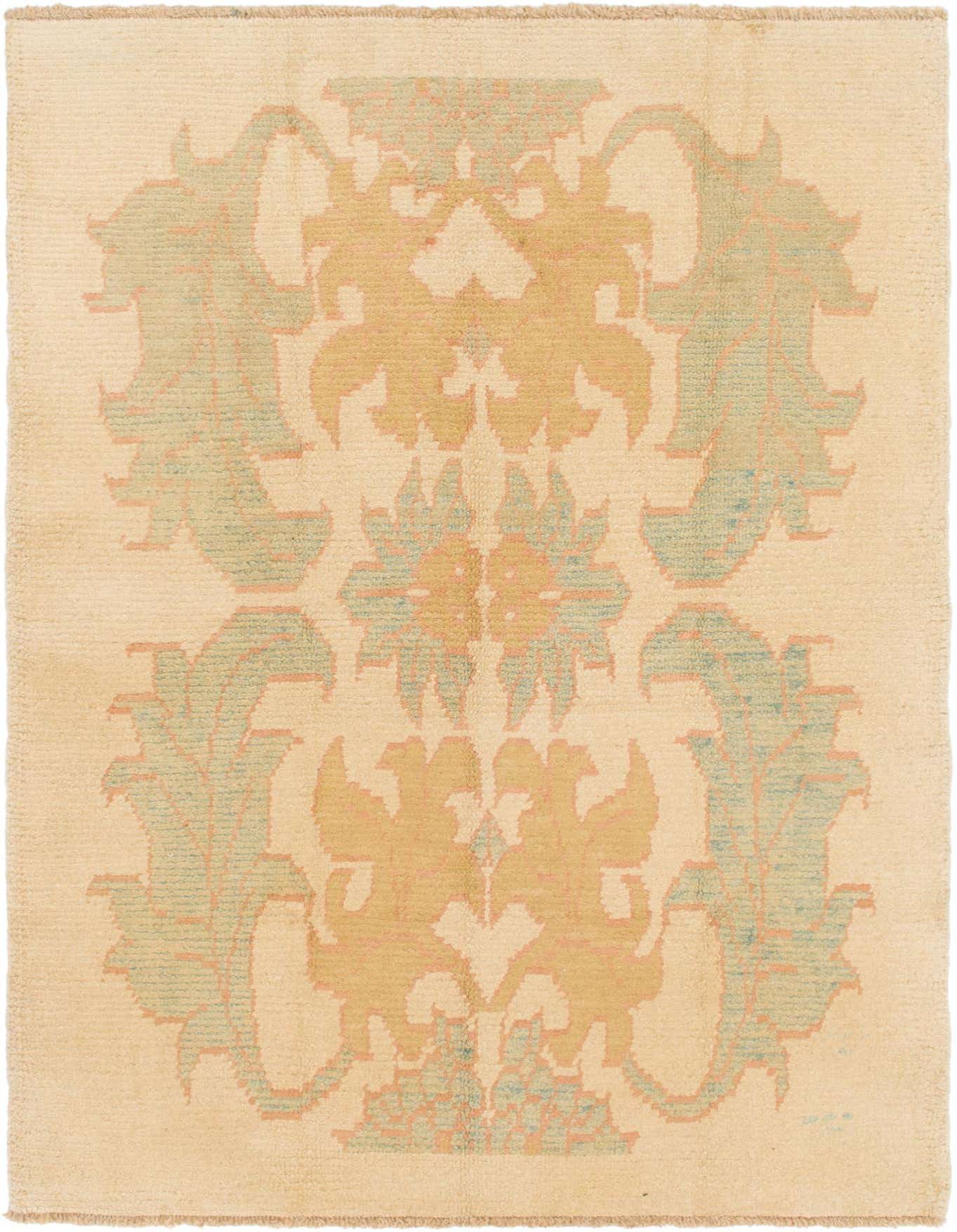 A 4x6 rectangular Oushak rug with a tribal abstract pattern in shades of brown, tan, and cream.