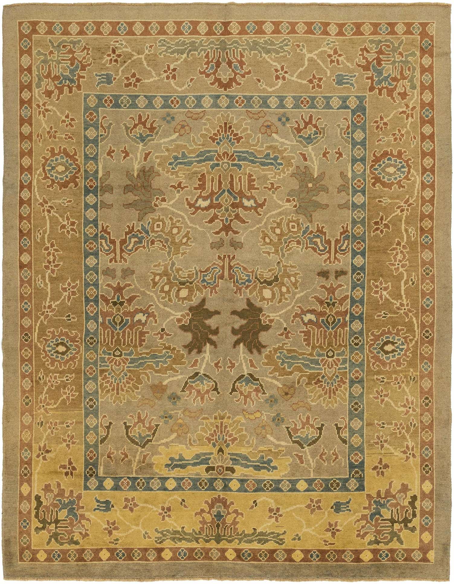 A 10x13 rectangular Oushak wool rug with a transitional Oriental pattern in browns, tans, ivories, and blues.