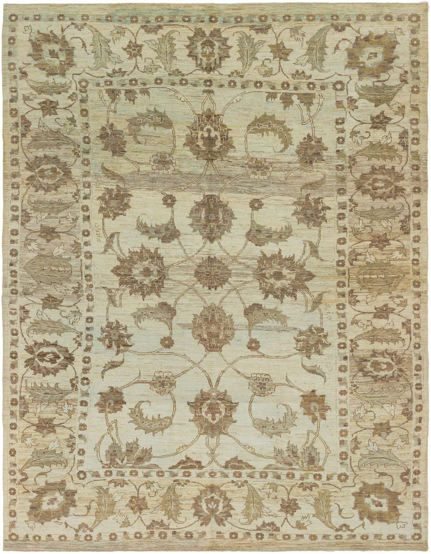 Rectangular Oushak wool rug in browns, tans, and ivories, featuring a traditional botanical pattern with a detailed border.