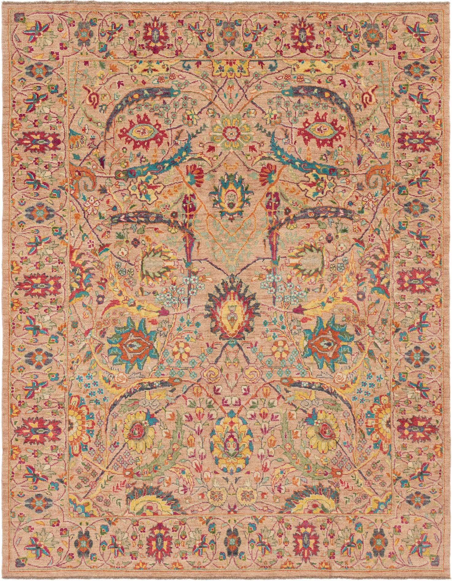 A 10x13 rectangular Oushak wool rug featuring a traditional botanical and floral pattern in browns, tans, creams, and vibrant multi-colors.