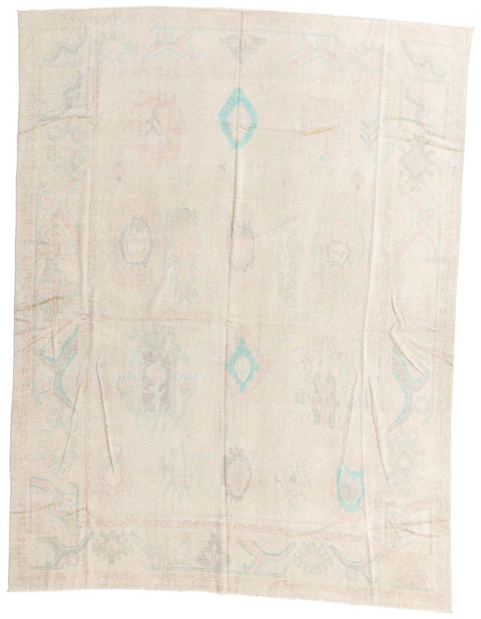 A 9x11 rectangular Oushak rug in brown and ivory with subtle tribal and abstract patterns, handmade from wool.