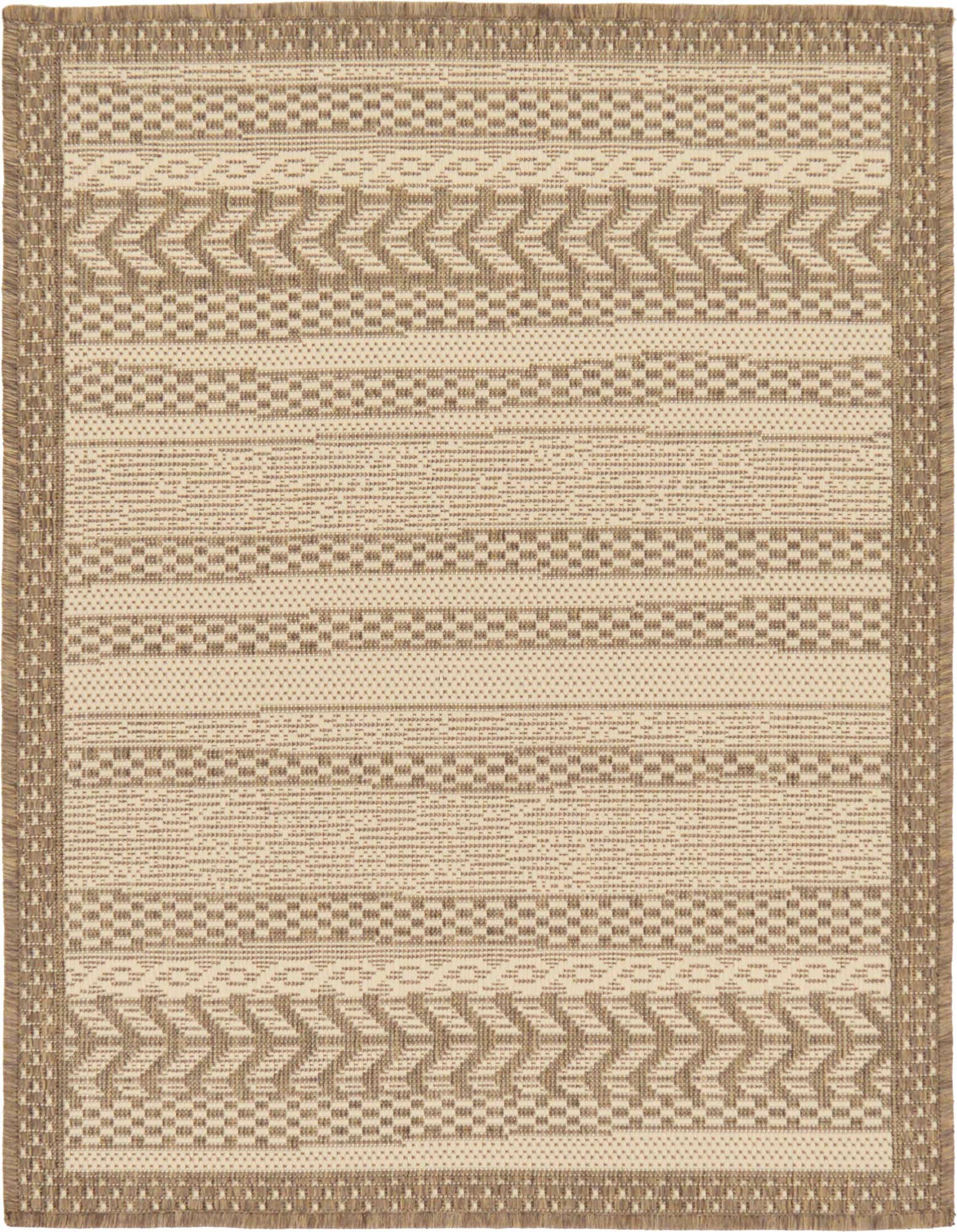 A 2x3 rectangular indoor/outdoor rug featuring a modern stripe pattern in varying shades of brown, tan, and cream.