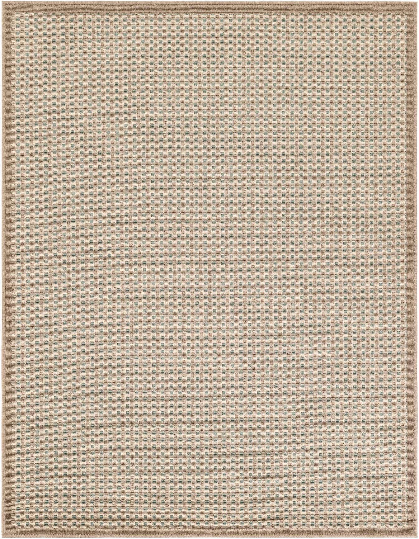 A 4x6 rectangular indoor/outdoor rug with a modern textured pattern in brown, tan, and cream, featuring a solid brown border.