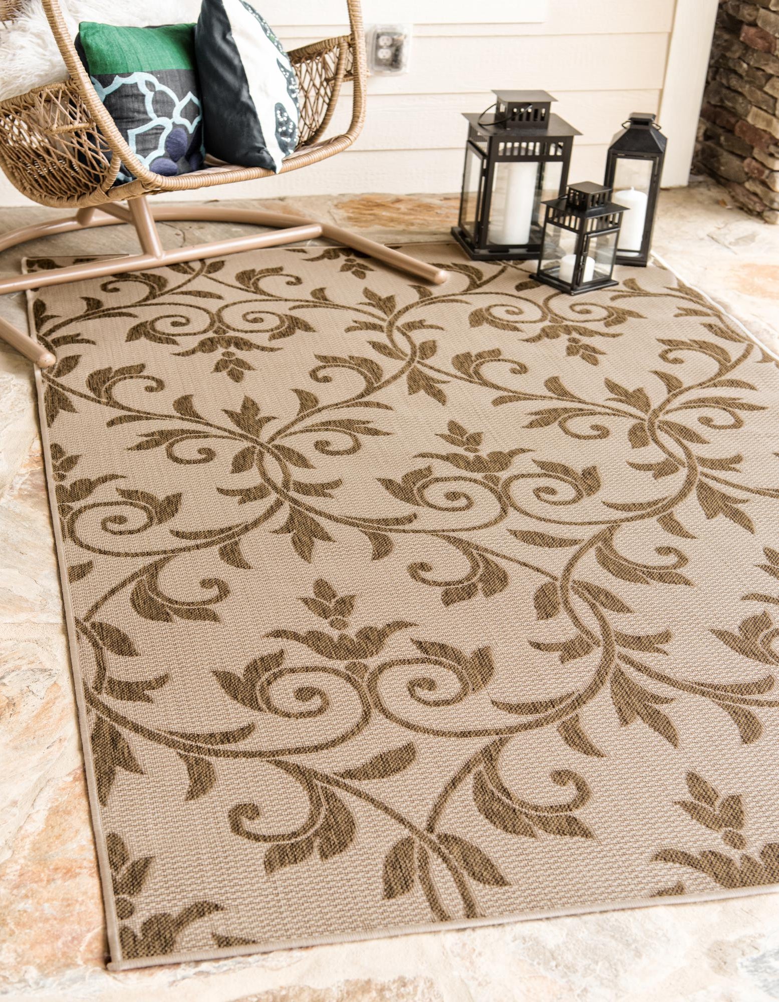 Beige 5' 3 x 8' Botanical Indoor / Outdoor Rug | Rugs.com