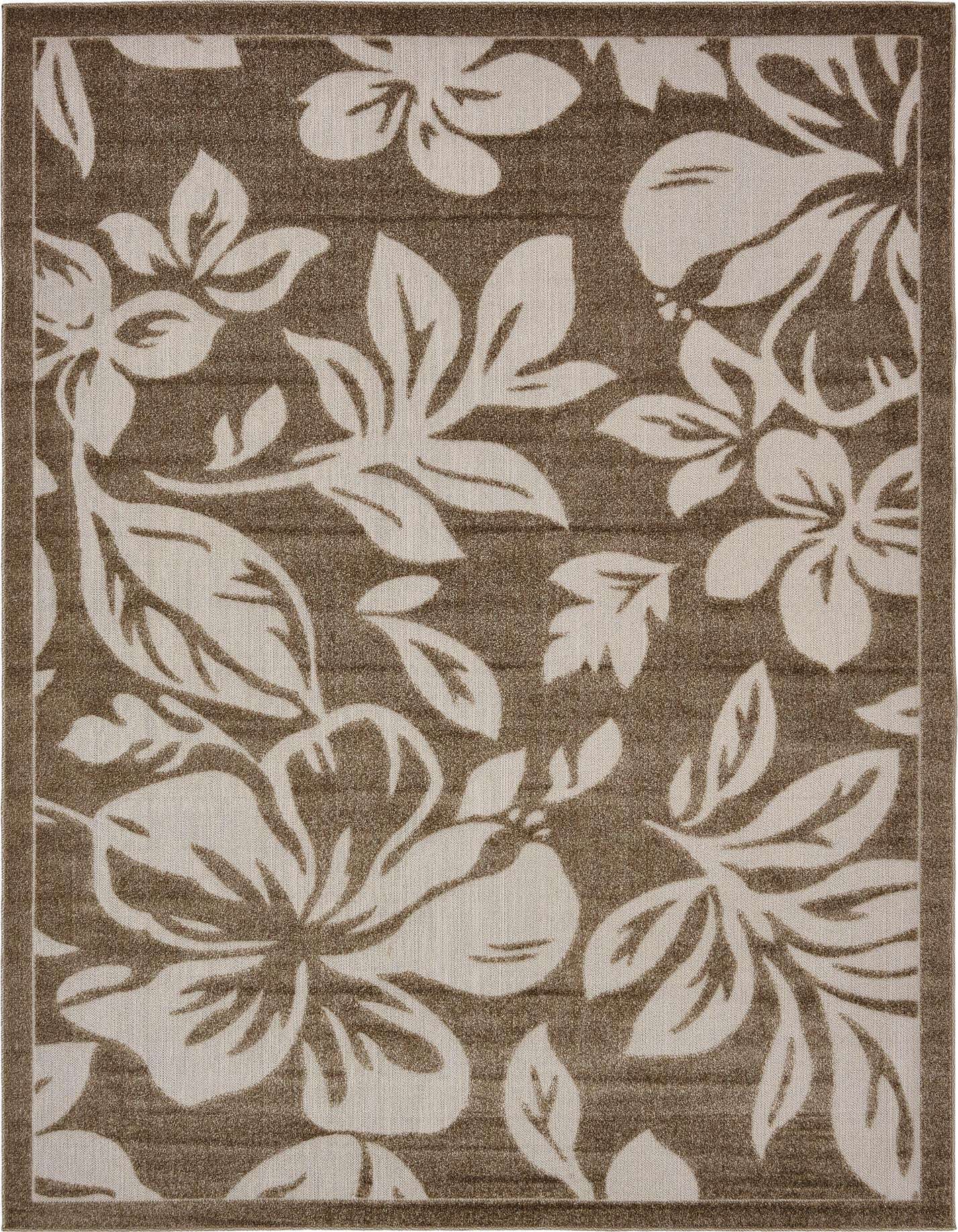 A 7x10 rectangular brown and ivory botanical rug with large tropical floral patterns, suitable for indoor or outdoor use.