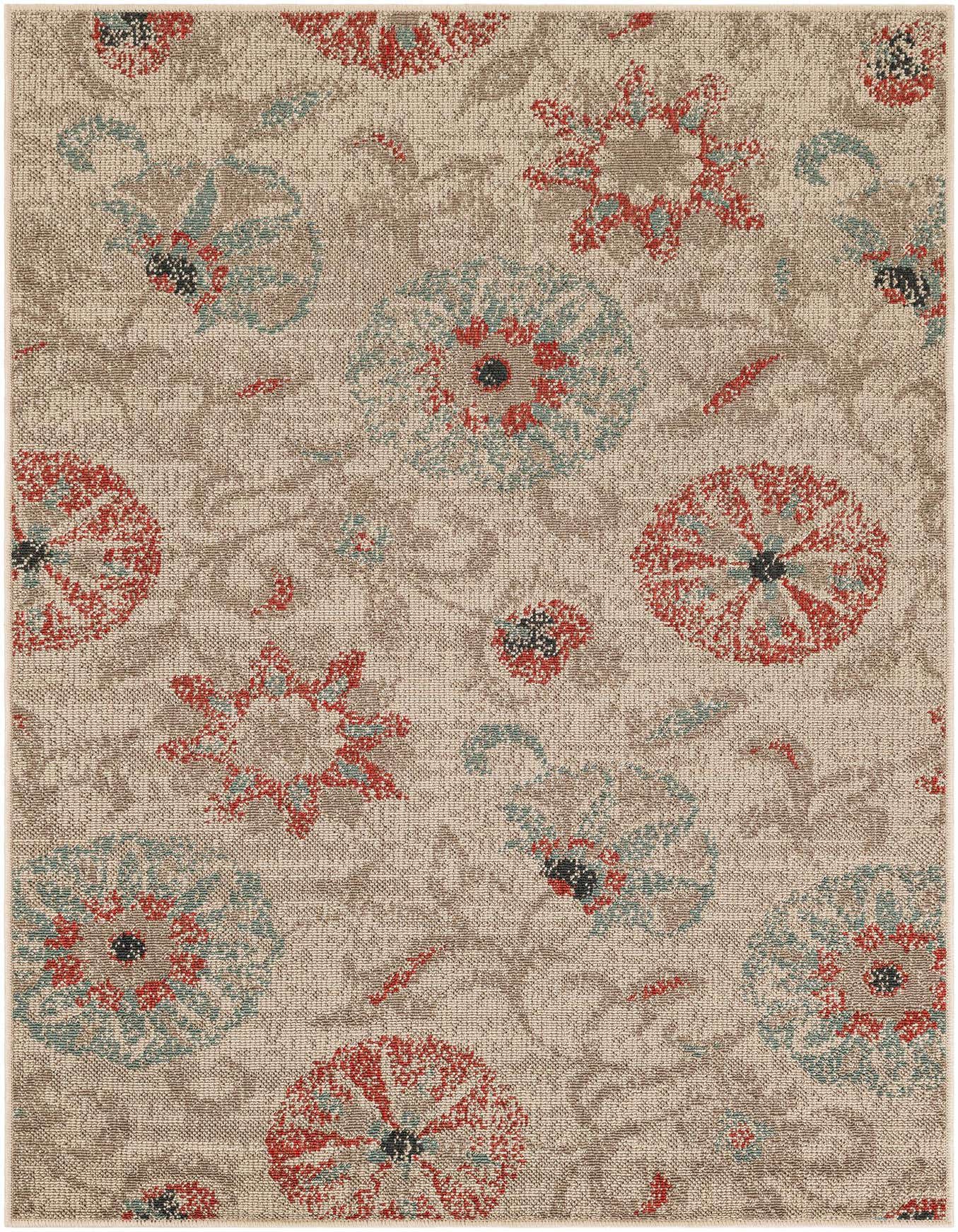 A 4x6 rectangular indoor/outdoor rug with a modern botanical pattern in shades of brown, red, and blue on a tan background.