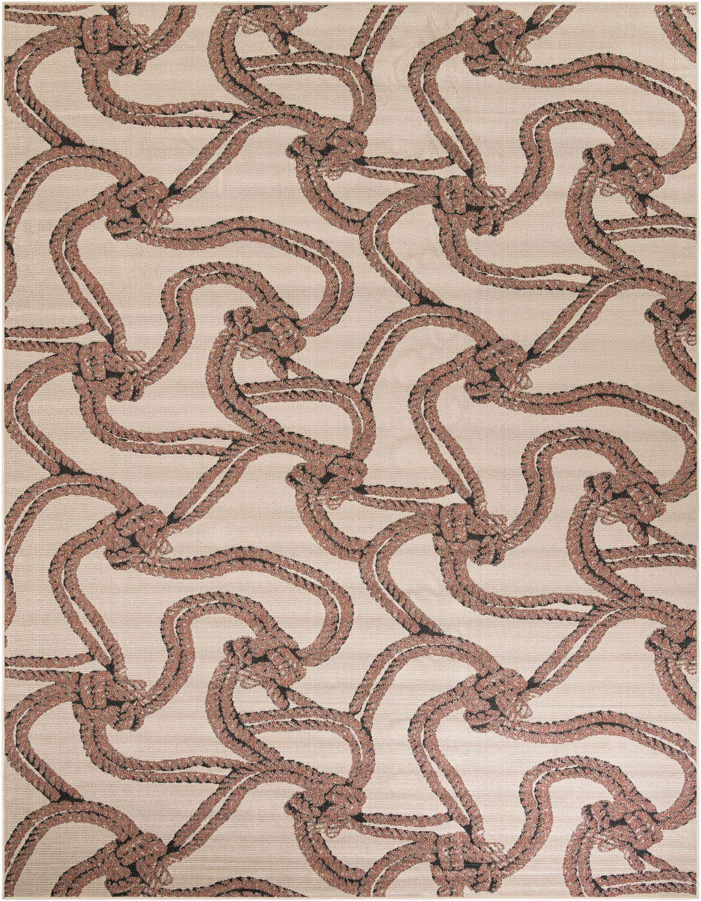 A 10x14 rectangular indoor/outdoor rug with a repeating brown nautical rope and knot pattern on an ivory background.