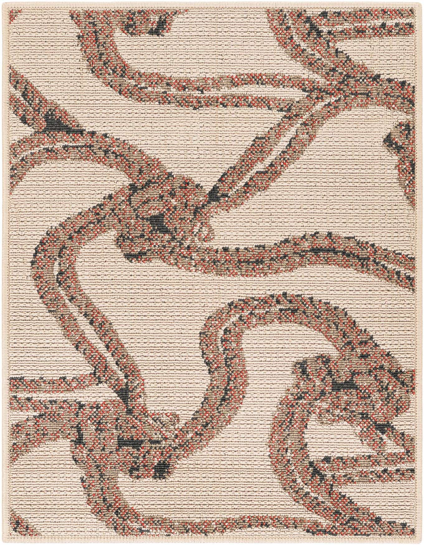 A 2x3 rectangular Rugs.com Outdoor Coastal rug with a modern nautical rope pattern in shades of brown, tan, and cream.