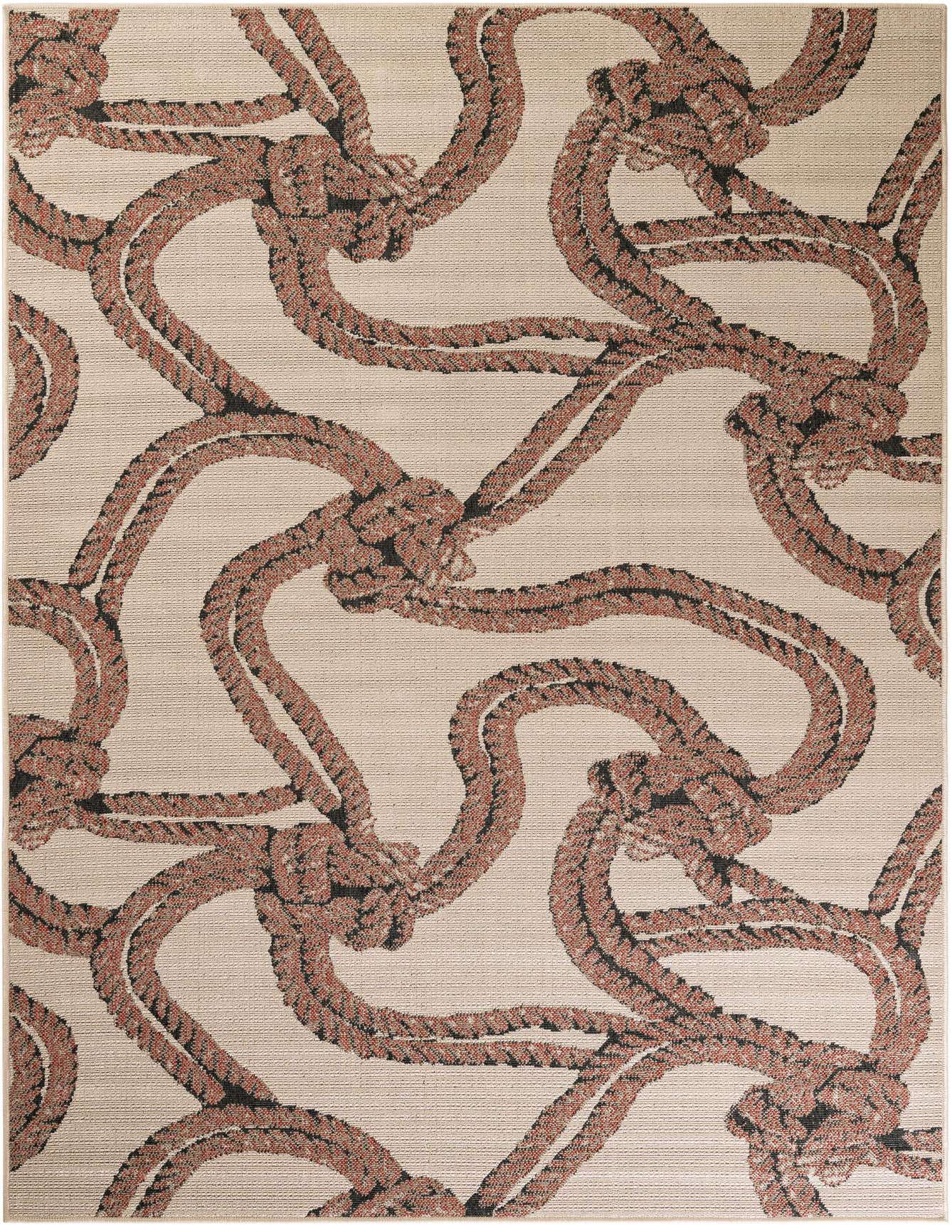 A 6x9 rectangular Rugs.com Outdoor Coastal rug featuring a brown abstract rope pattern on an ivory background, ideal for indoor or outdoor spaces.