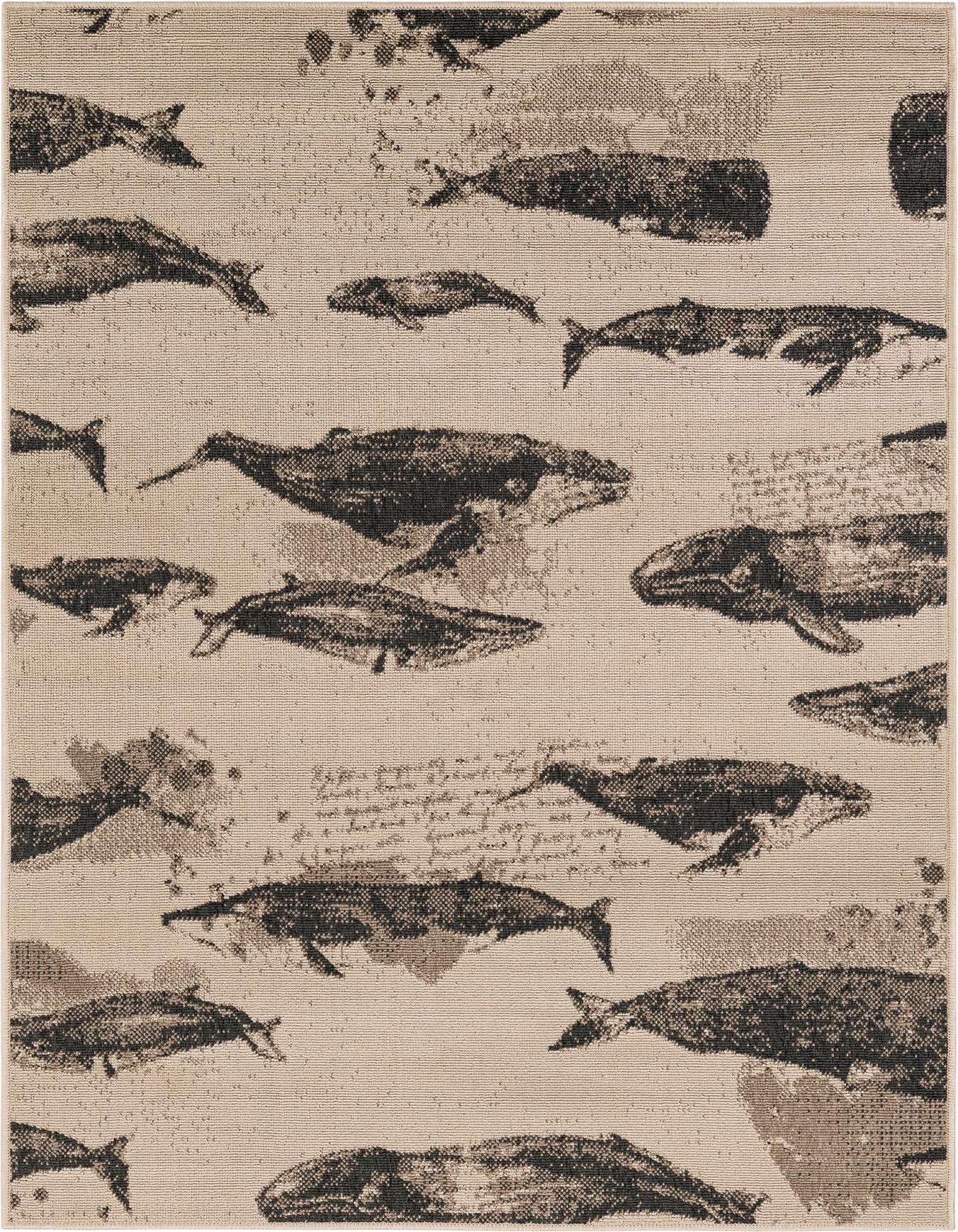 A 4x6 rectangular indoor/outdoor rug featuring a modern pattern of various brown and black whales on an ivory and tan background, with subtle script details.