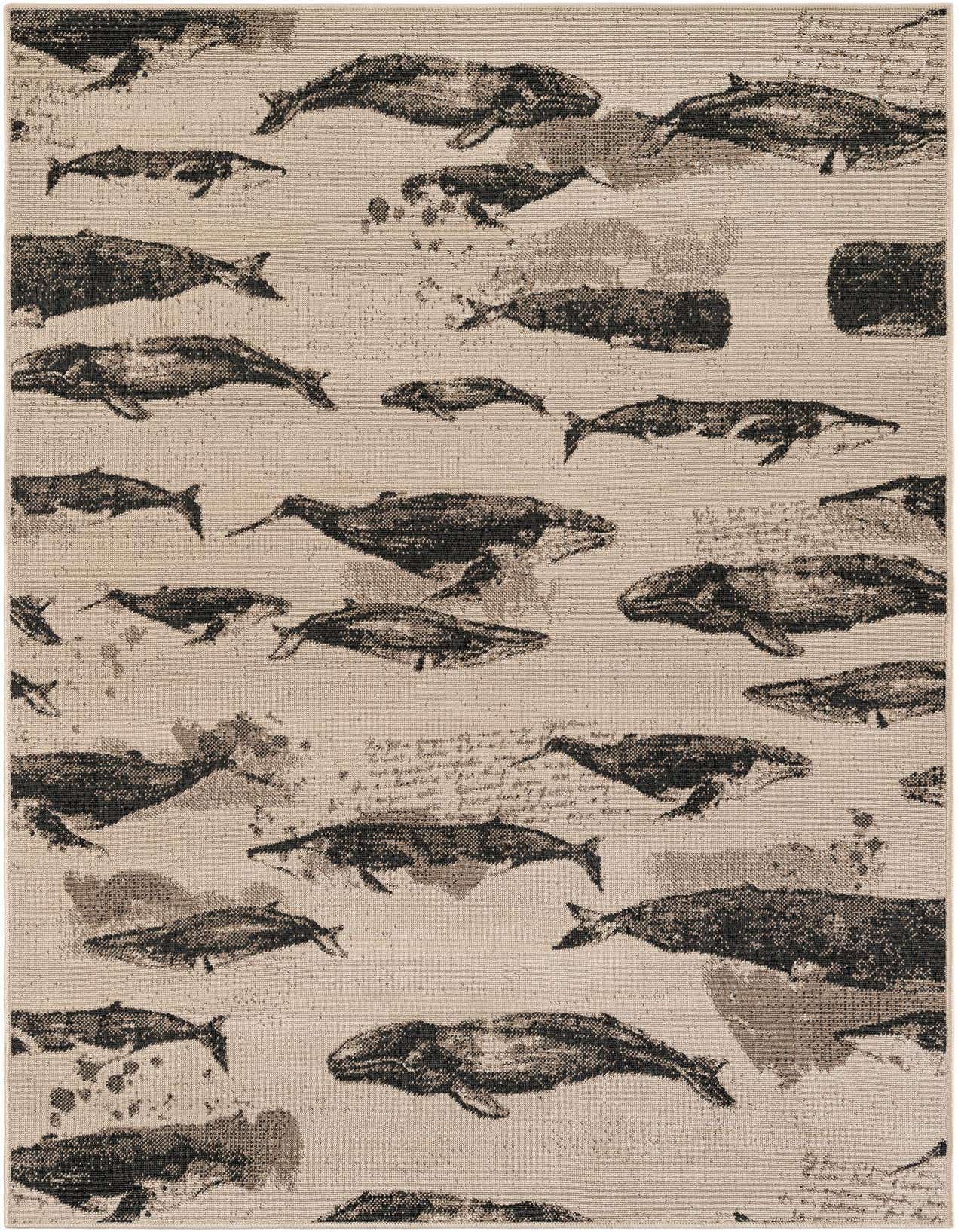 A 5x8 rectangular indoor/outdoor rug featuring a modern pattern of various brown whales swimming on an ivory and tan background with subtle script.