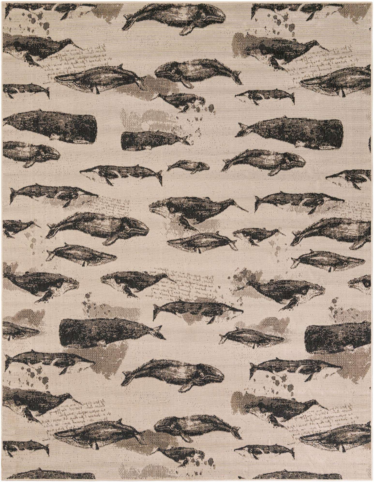 A rectangular 8x10 indoor/outdoor rug featuring a modern pattern of various brown and black whales swimming across an ivory and tan background, with subtle script details.