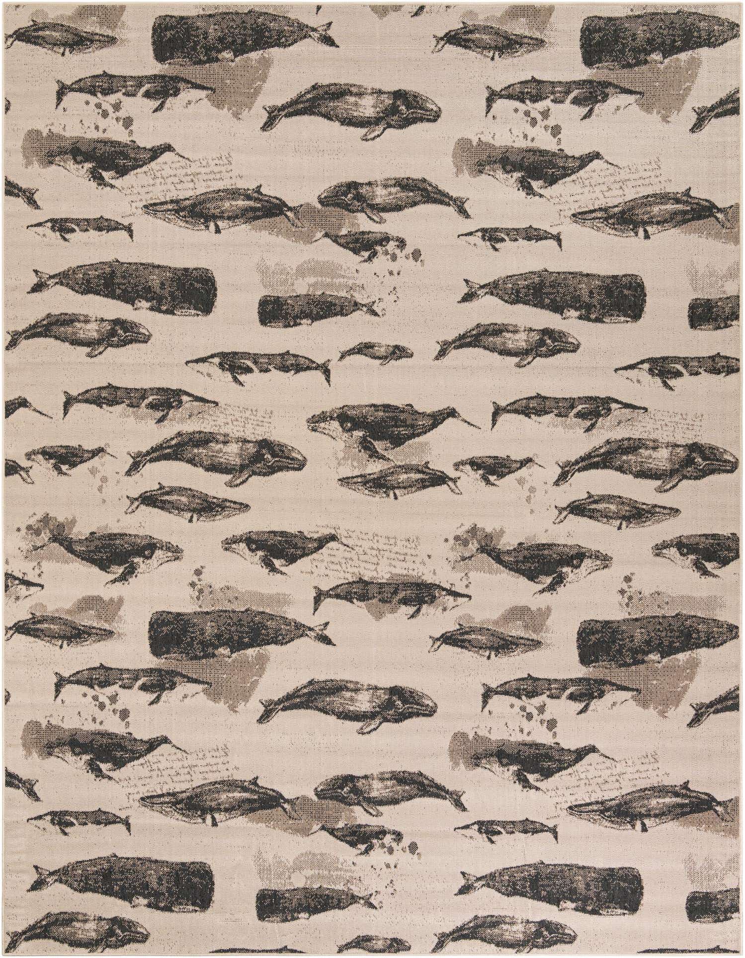A 9x12 rectangular indoor/outdoor rug featuring a modern pattern of various brown whales and subtle tan script on an ivory background.