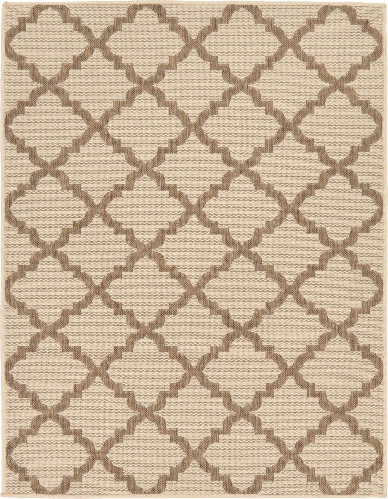 A 3x5 rectangular indoor/outdoor rug featuring a modern brown trellis pattern against an ivory background, showcasing its flatweave texture.