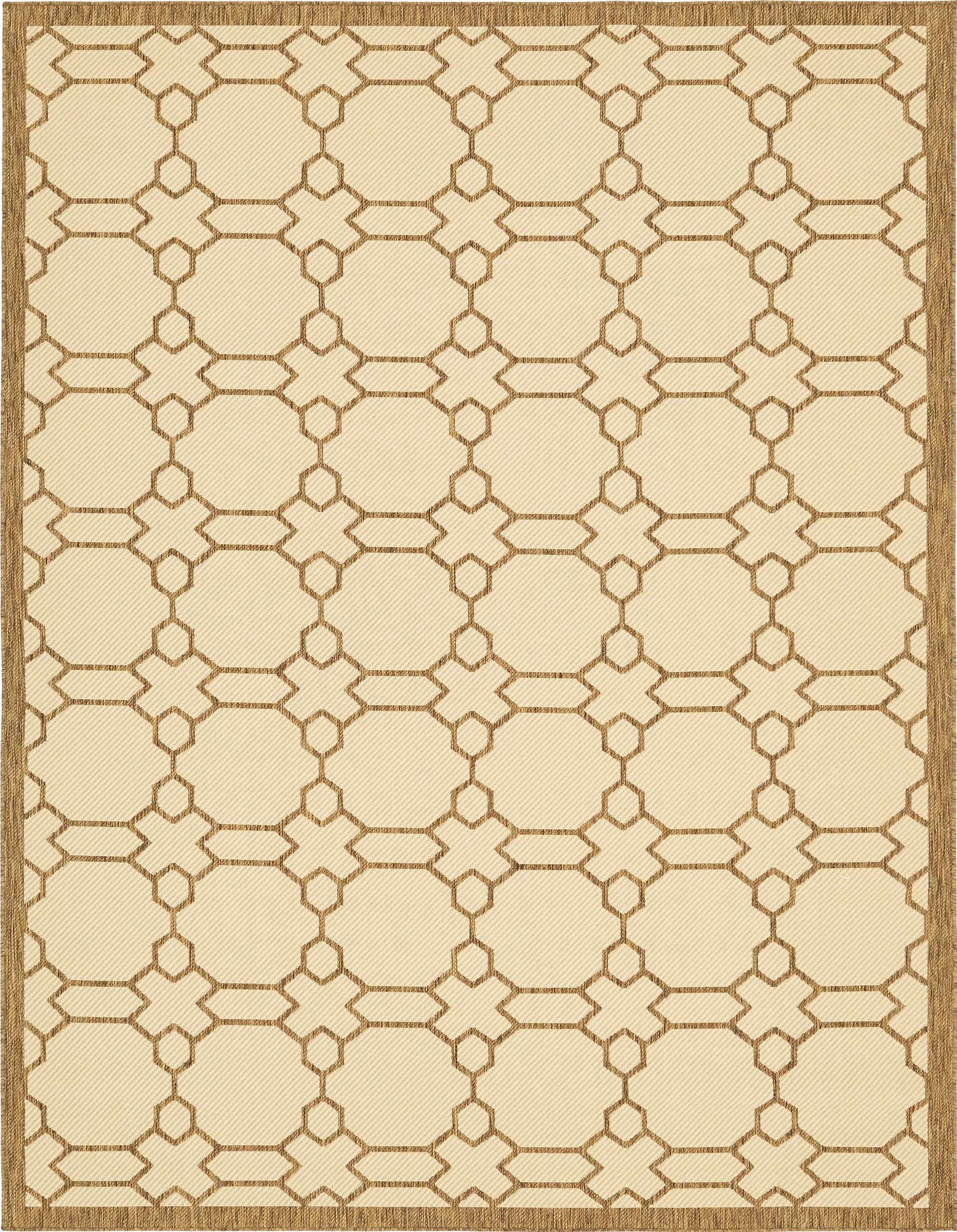 An 8x11 rectangular indoor/outdoor rug featuring a modern brown trellis pattern on a cream background with a matching border.