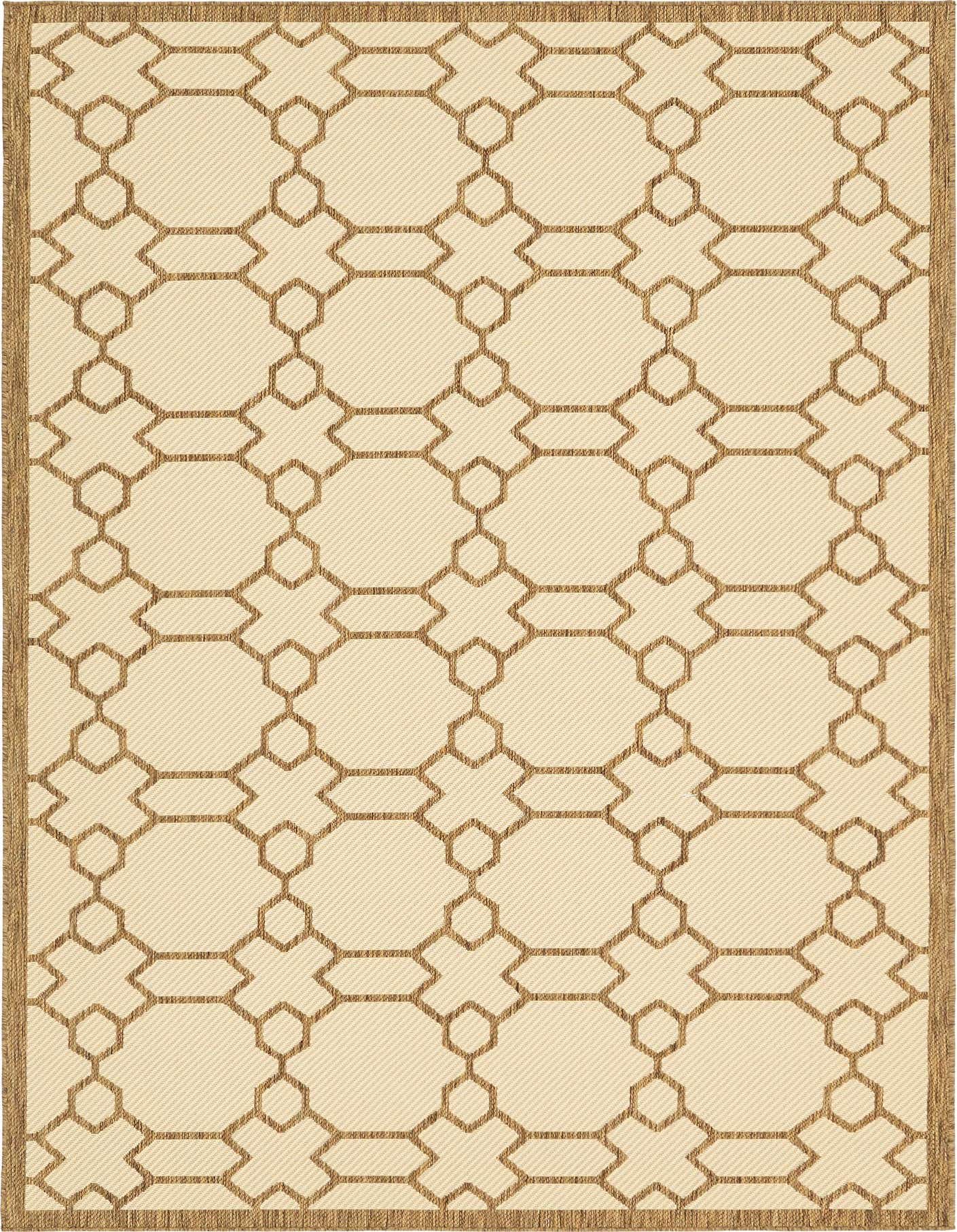 A 6x9 rectangular indoor/outdoor rug featuring a modern brown trellis pattern on an ivory background, with a matching brown border.