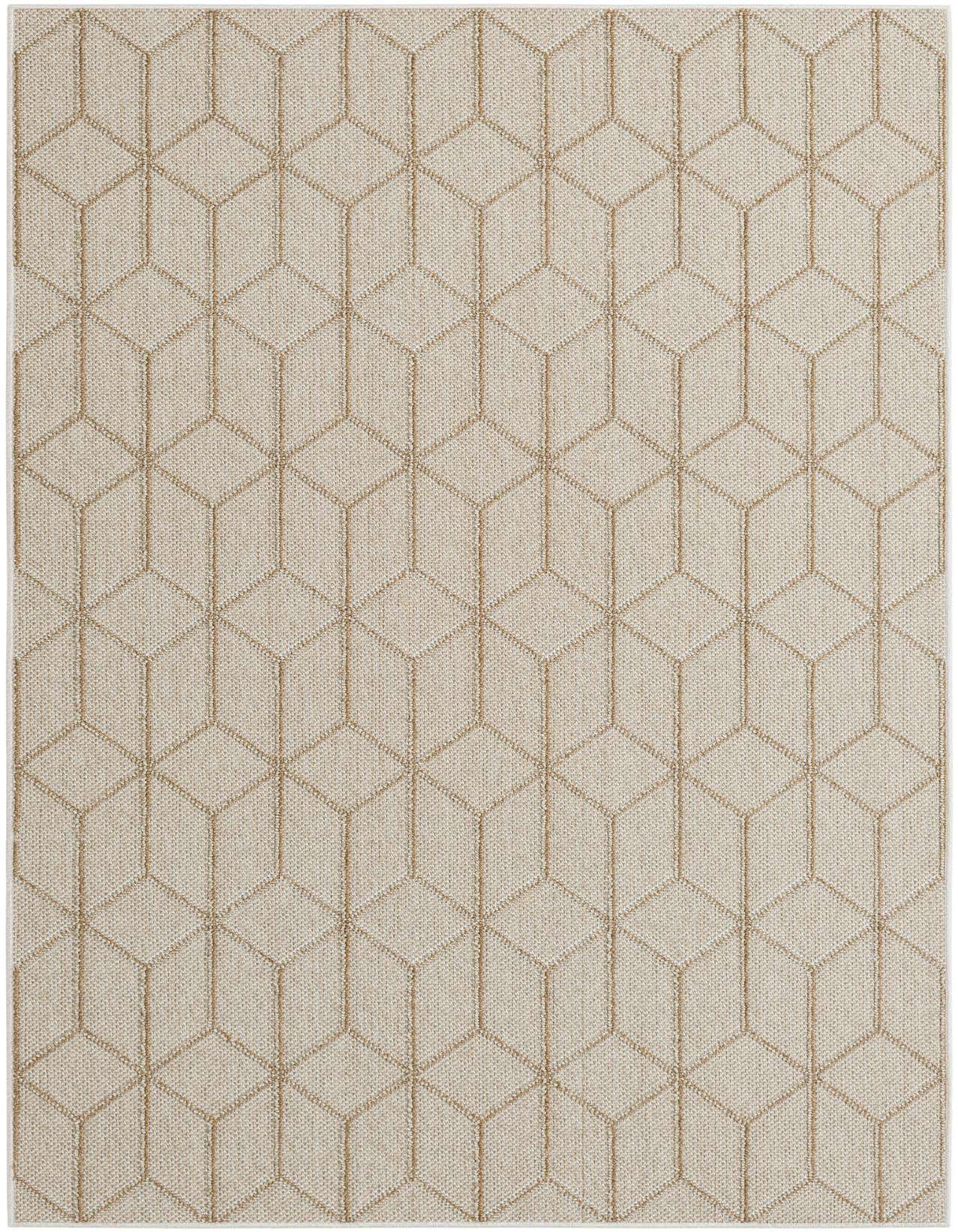 A 5x8 rectangular indoor/outdoor rug featuring a contemporary trellis pattern in light brown and cream tones.
