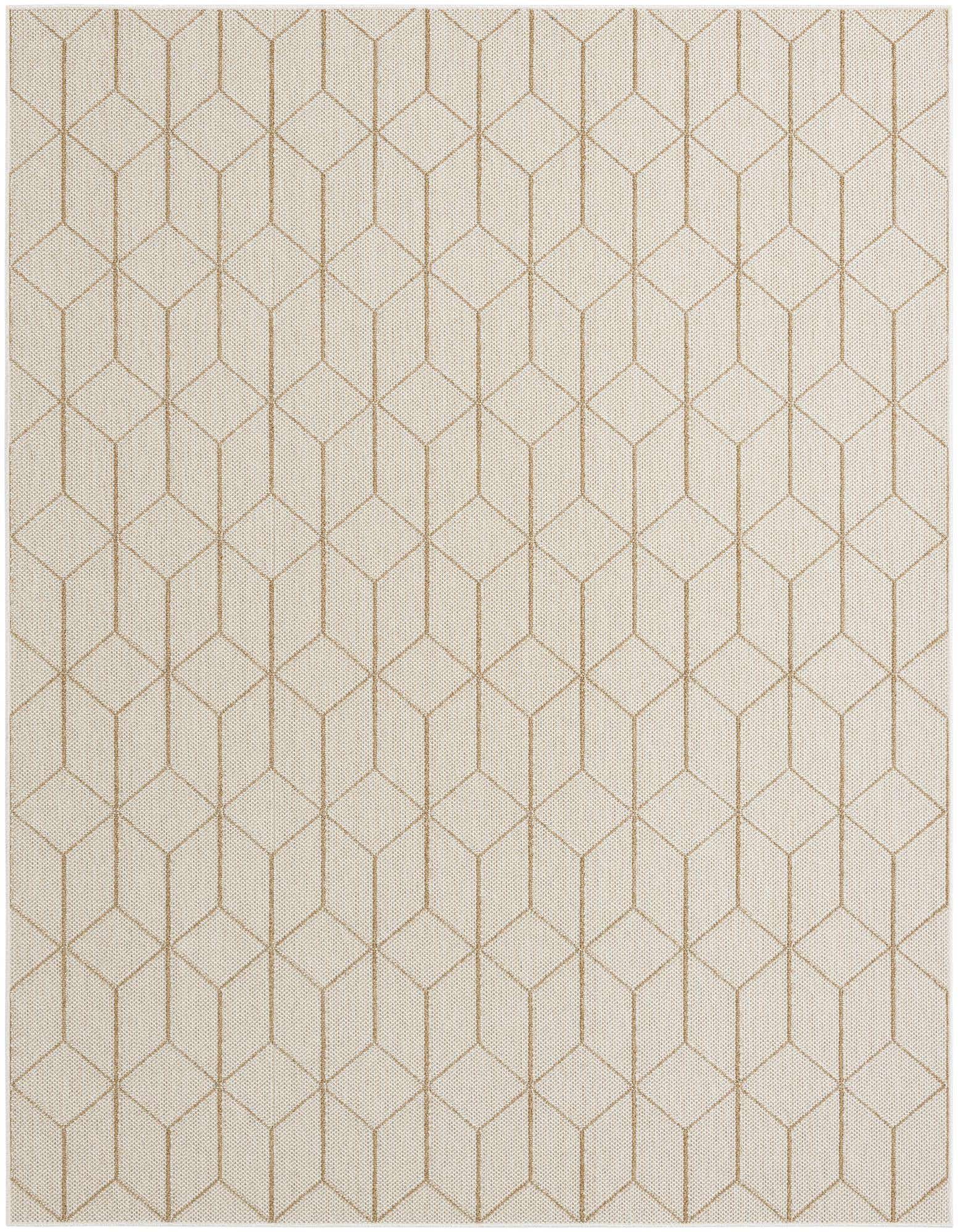 A rectangular 8x10 indoor/outdoor rug featuring a modern geometric trellis pattern in brown and ivory tones.