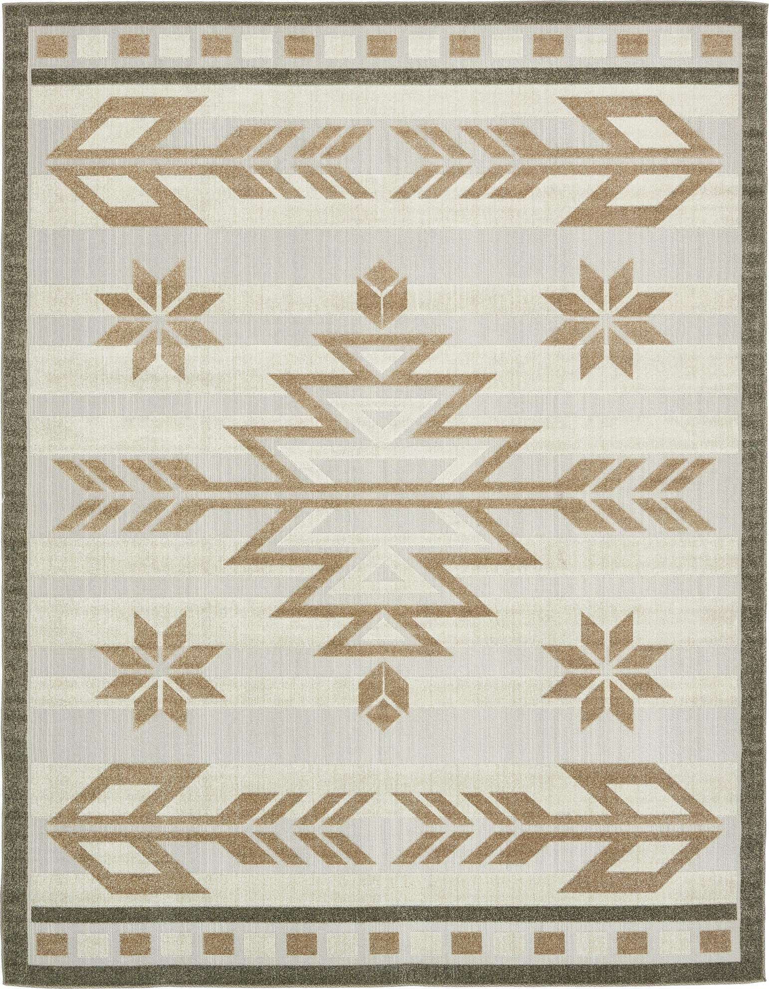 A 9x12 rectangular Southwestern rug featuring a central tribal medallion, arrows, and starbursts in brown and tan on an ivory background, with a dark brown border.
