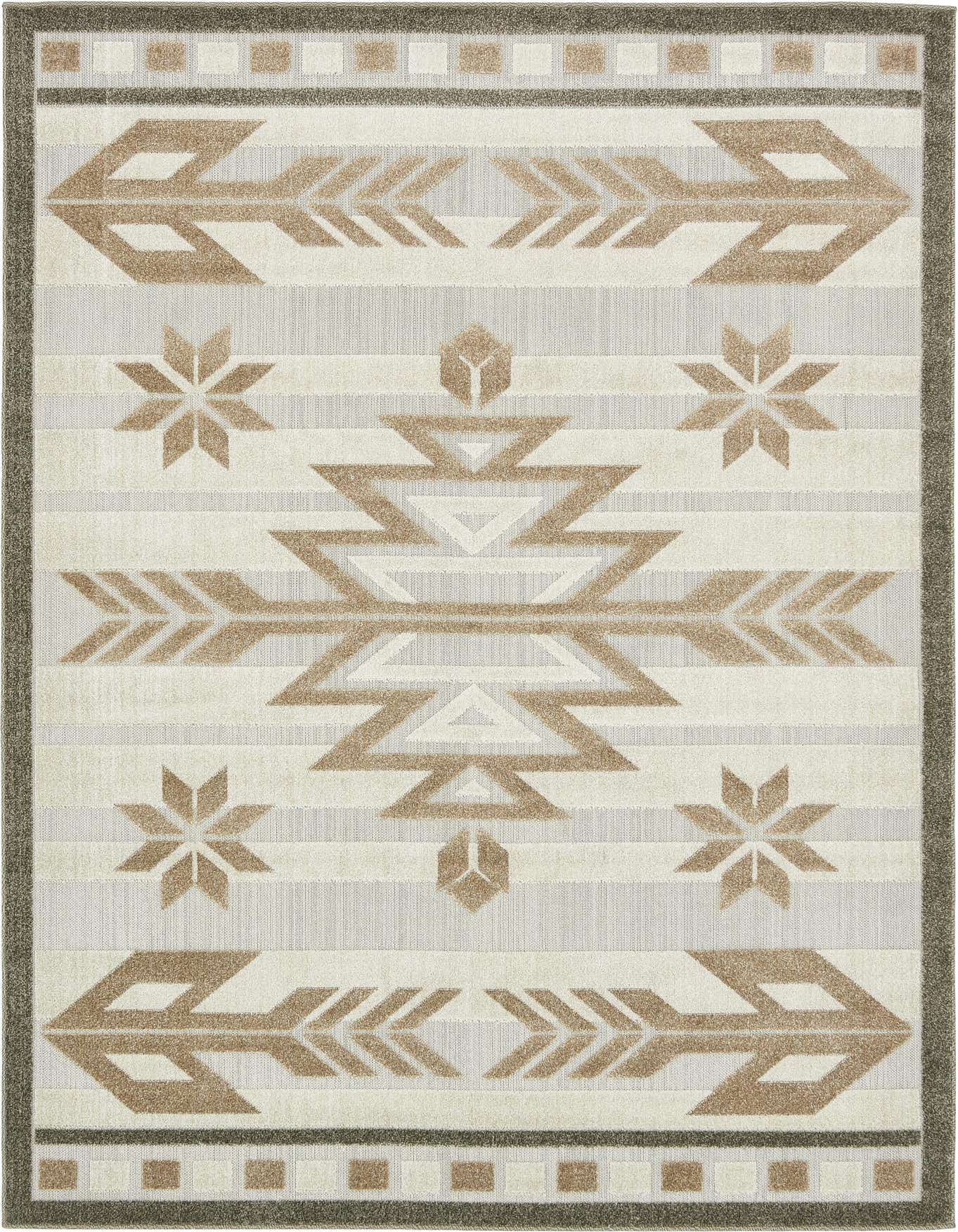 A 6x9 rectangular Southwestern rug in browns, tans, and ivories, featuring tribal arrows and star patterns.