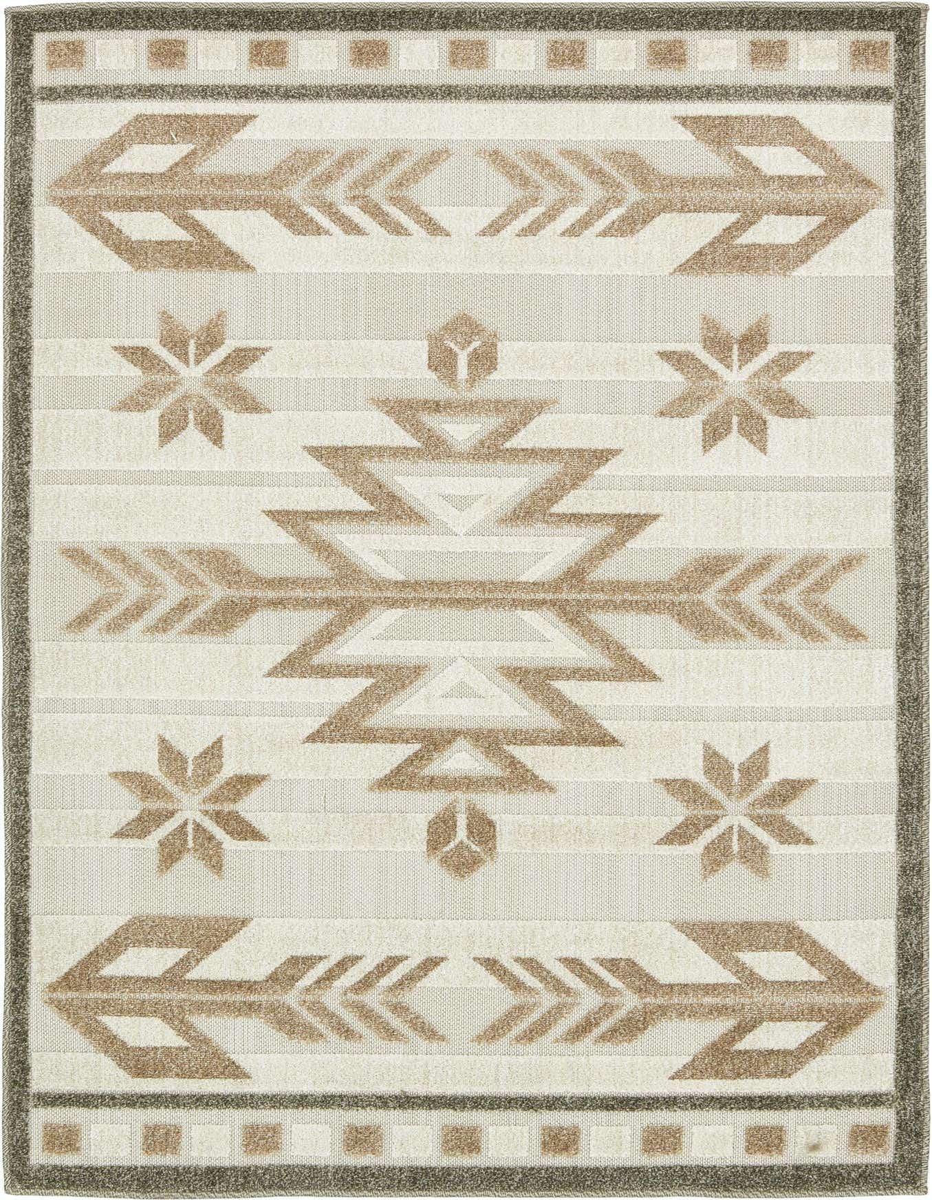 A 4x6 rectangular Southwestern rug in browns, tans, and ivories, featuring a central medallion with tribal arrows and starbursts, ideal for indoor or outdoor spaces.