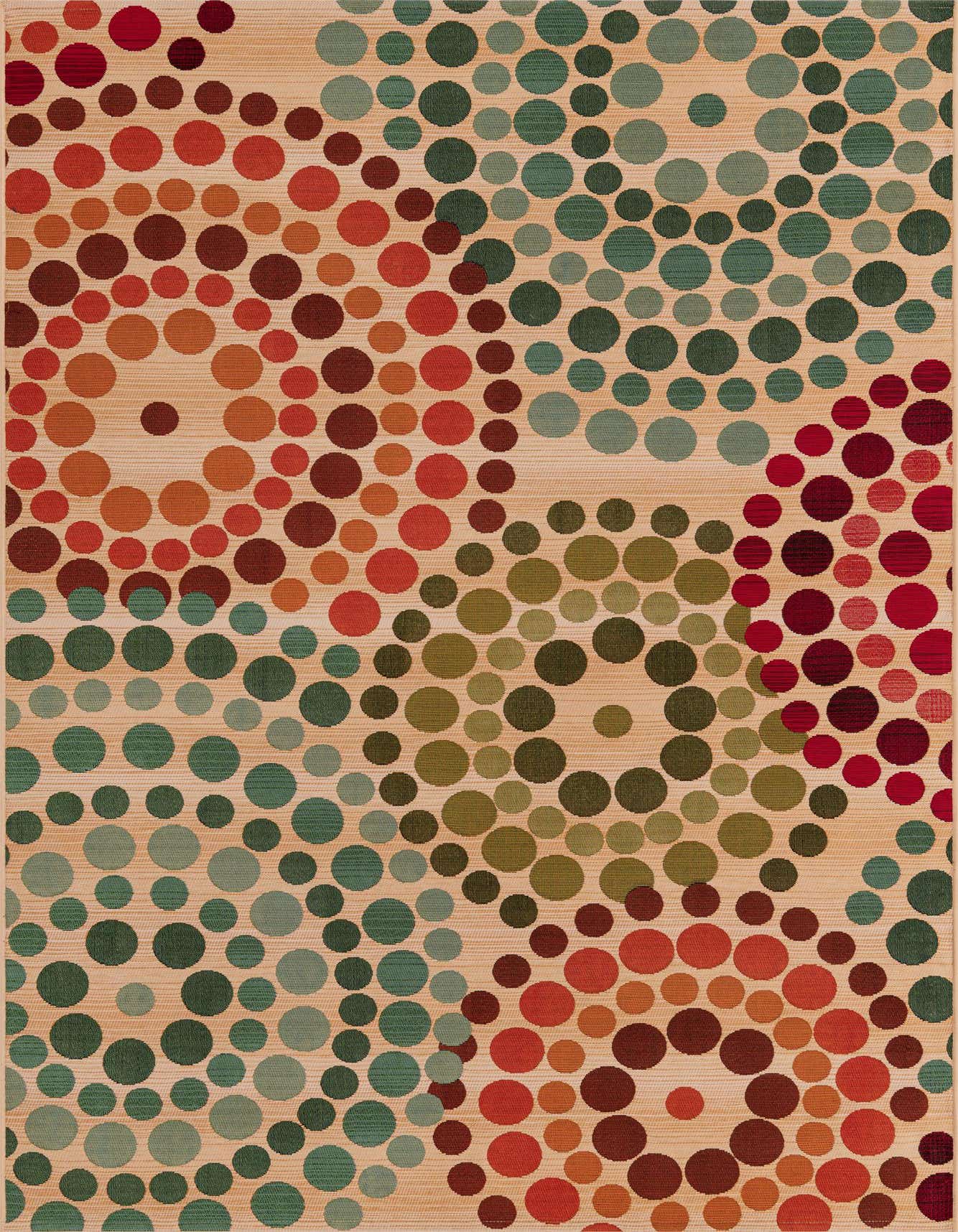 A 5x8 rectangular indoor/outdoor rug with an abstract modern pattern of multi-sized brown, tan, ivory, and green circles on a cream background.