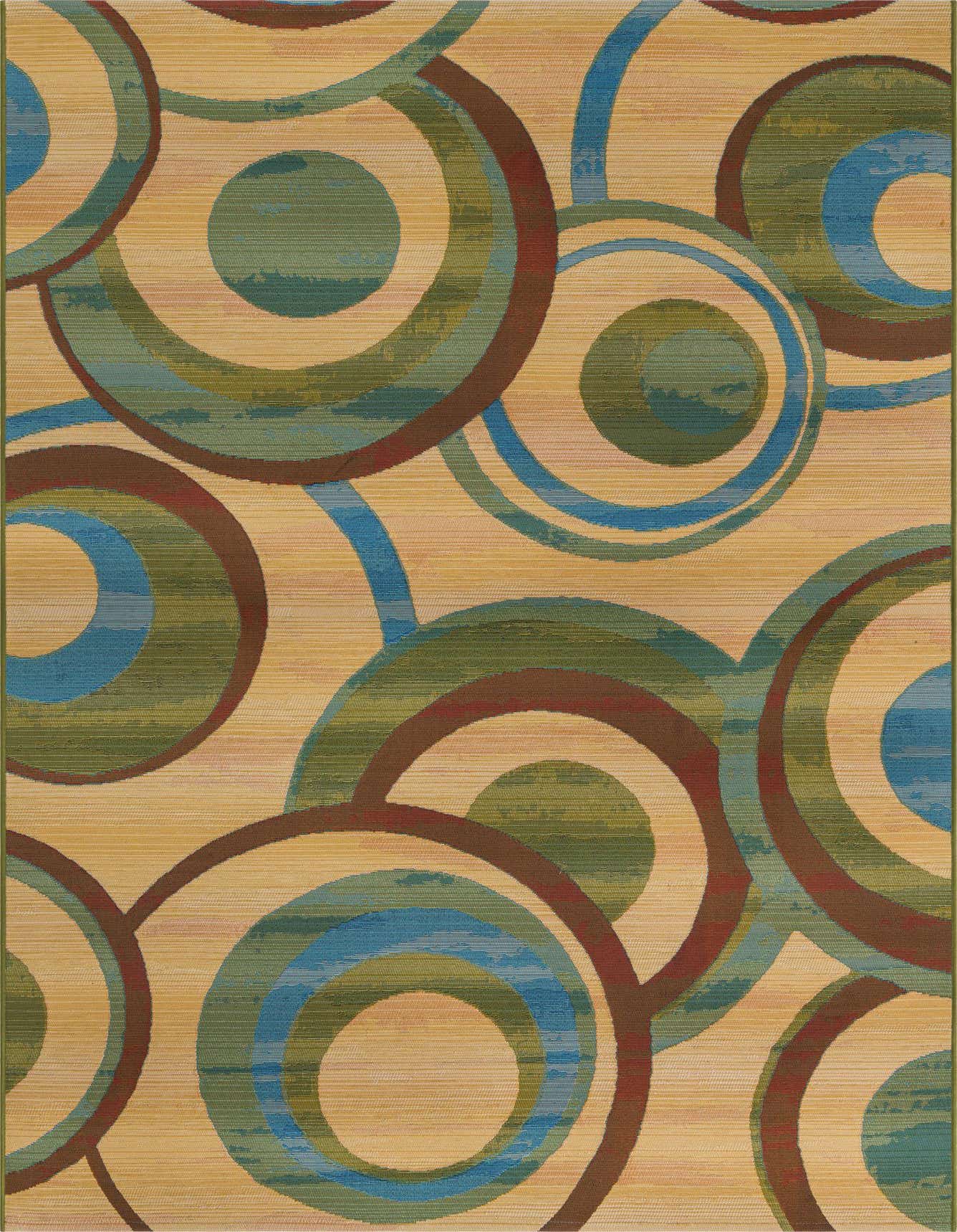 A 5x8 rectangular rug with a modern abstract pattern of overlapping circles in shades of brown, teal, blue, and cream.