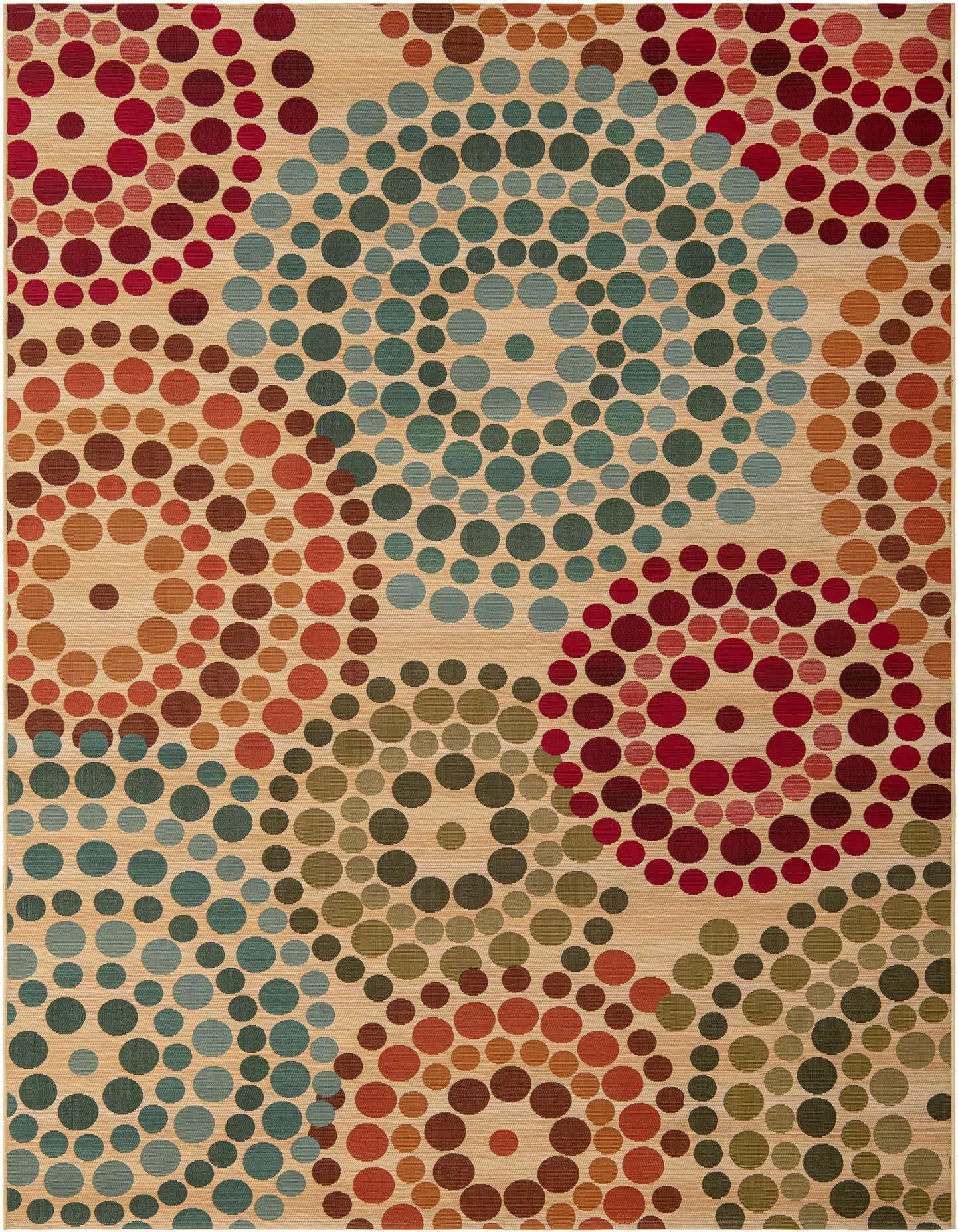 A 7x10 rectangular flatweave rug with a modern abstract pattern of various sized circles in teal, red, orange, and brown on a cream background.