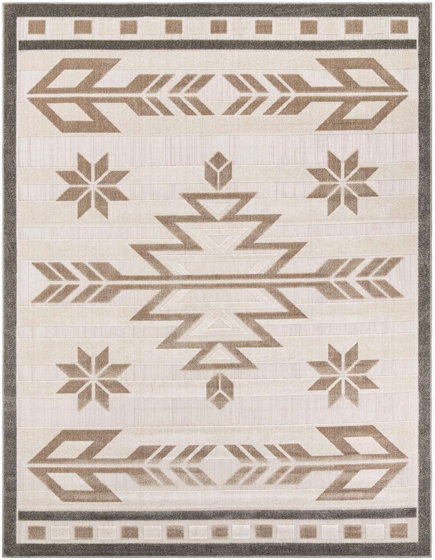 An 8x11 rectangular indoor/outdoor rug featuring a Southwestern tribal pattern in brown, tan, and ivory.