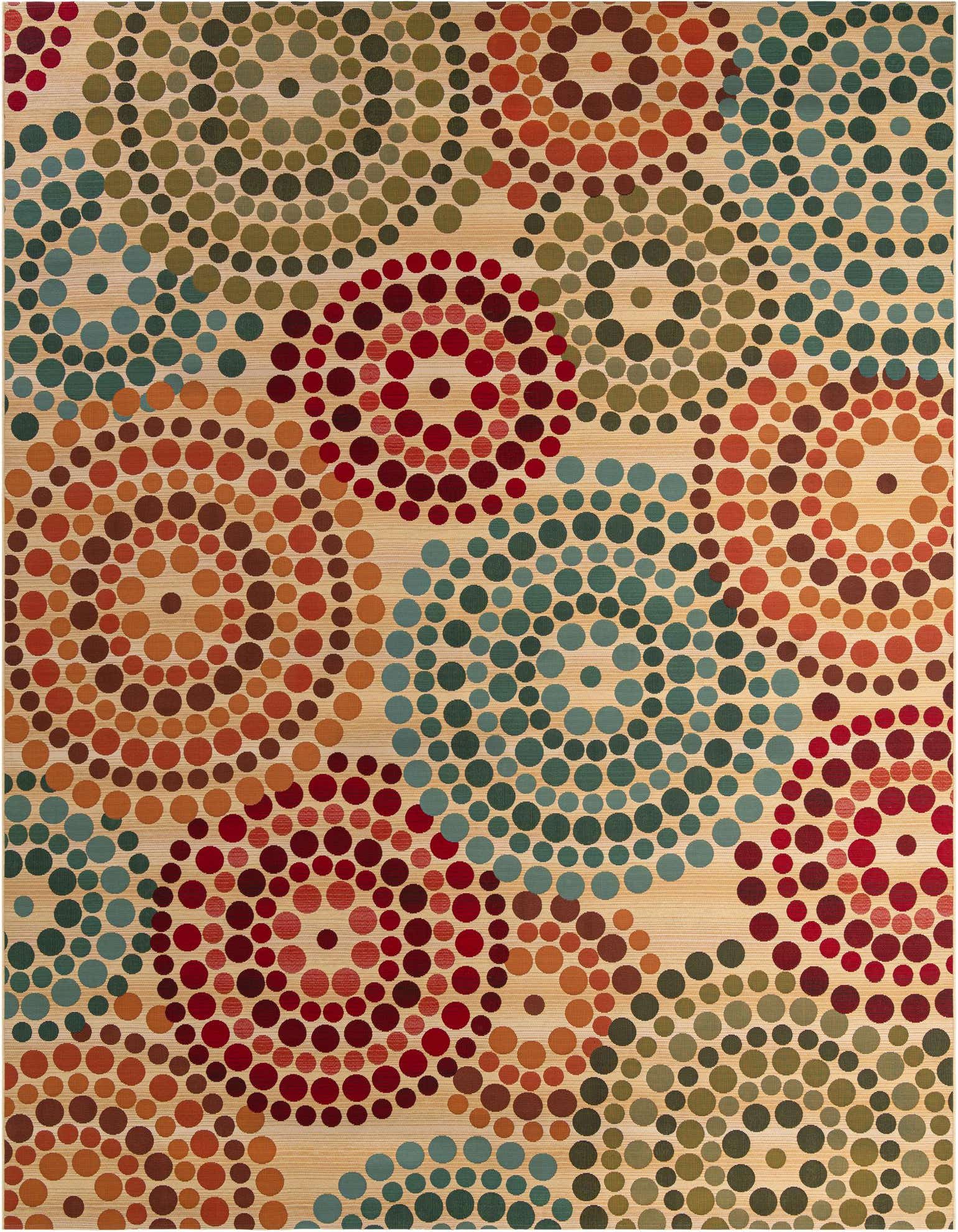 A 10x13 rectangular indoor/outdoor rug featuring a modern abstract pattern of multi-sized dots in various shades of brown, tan, ivory, red, and teal on a cream background.
