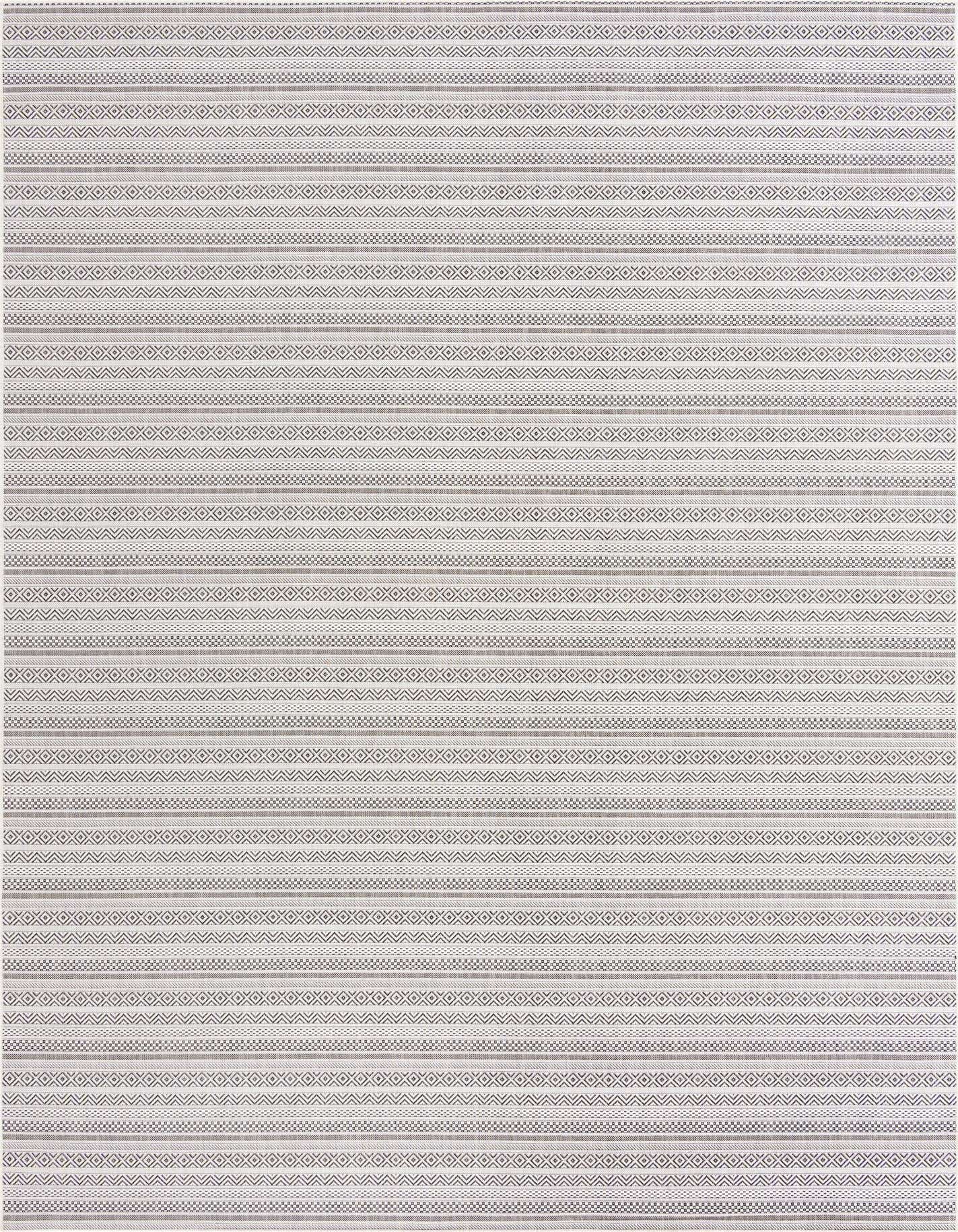 A 10x14 rectangular Rugs.com Outdoor Ribbon rug featuring a modern tribal pattern in browns, tans, and ivories.