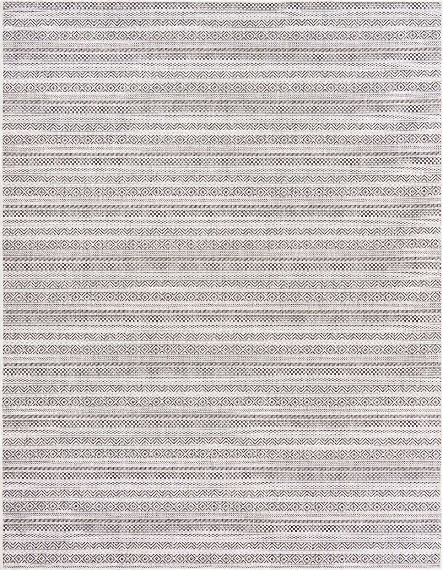 A 7x10 rectangular brown and ivory tribal flatweave rug with horizontal stripes of geometric patterns, suitable for indoor or outdoor use.