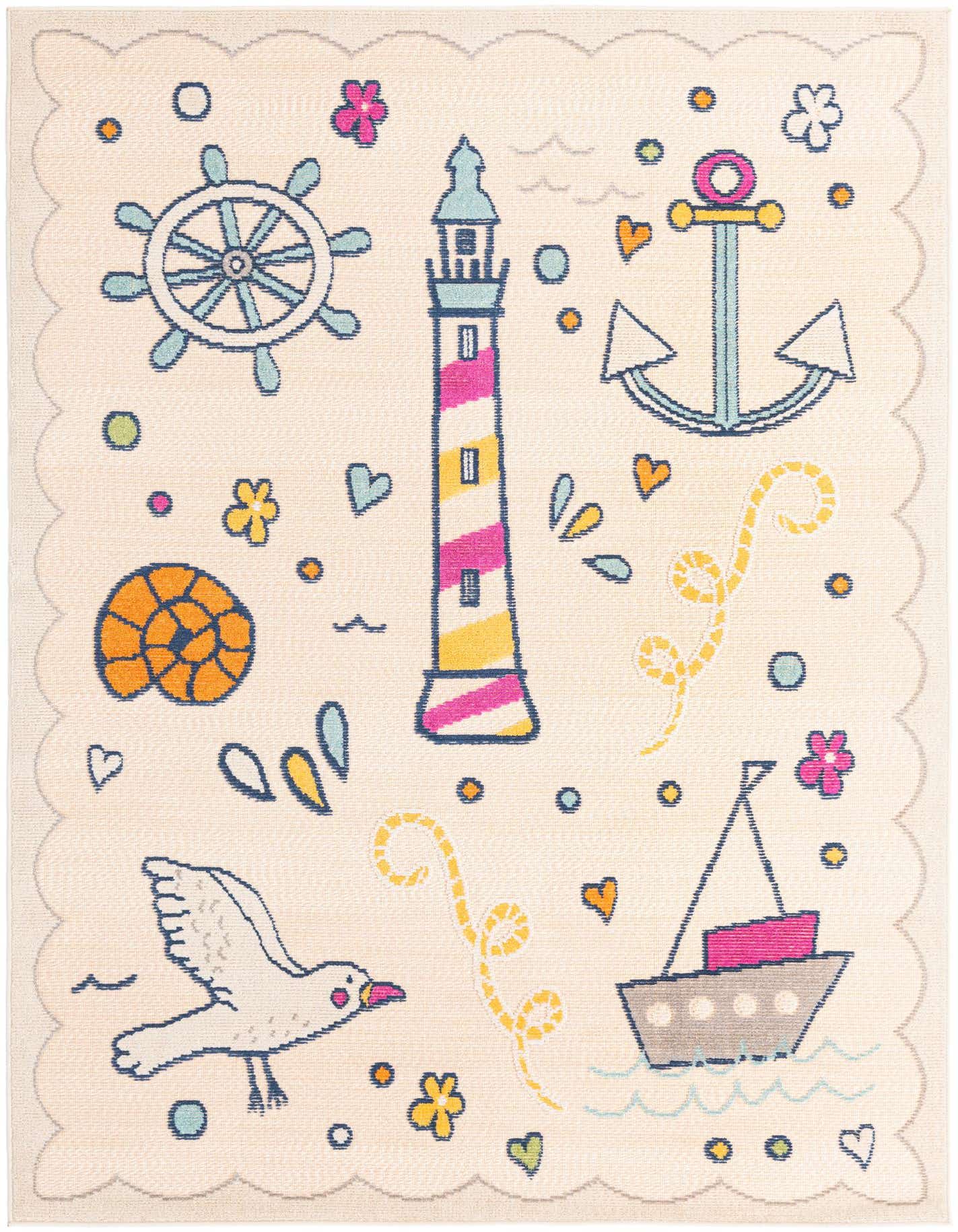 A 5x8 rectangular indoor/outdoor rug with a playful modern nautical pattern on a cream background, featuring a colorful lighthouse, anchor, ship, seashell, and seagull.