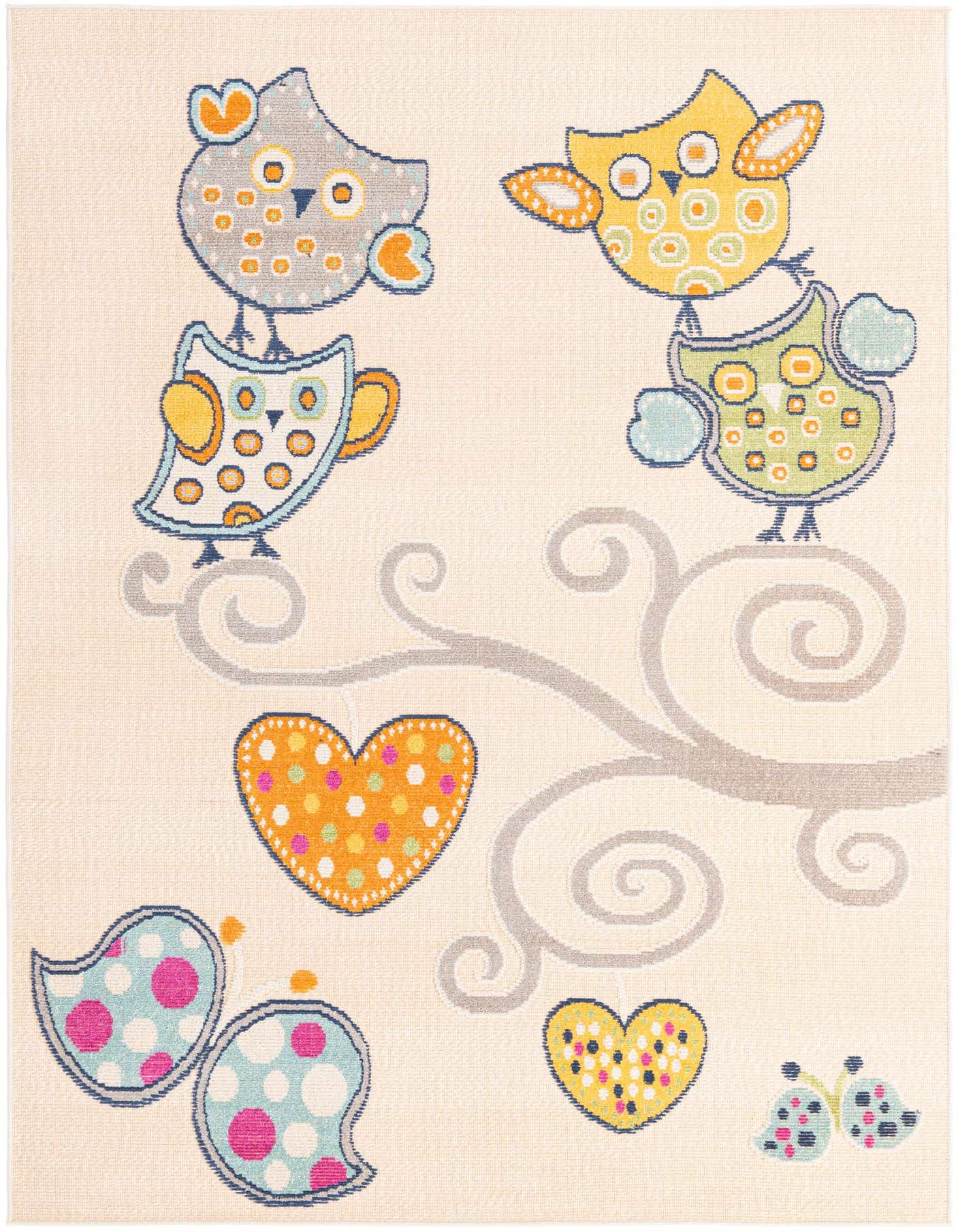 A cream rectangular rug with a whimsical tree branch design featuring colorful owls, hearts, and butterflies, ideal for a child's room.