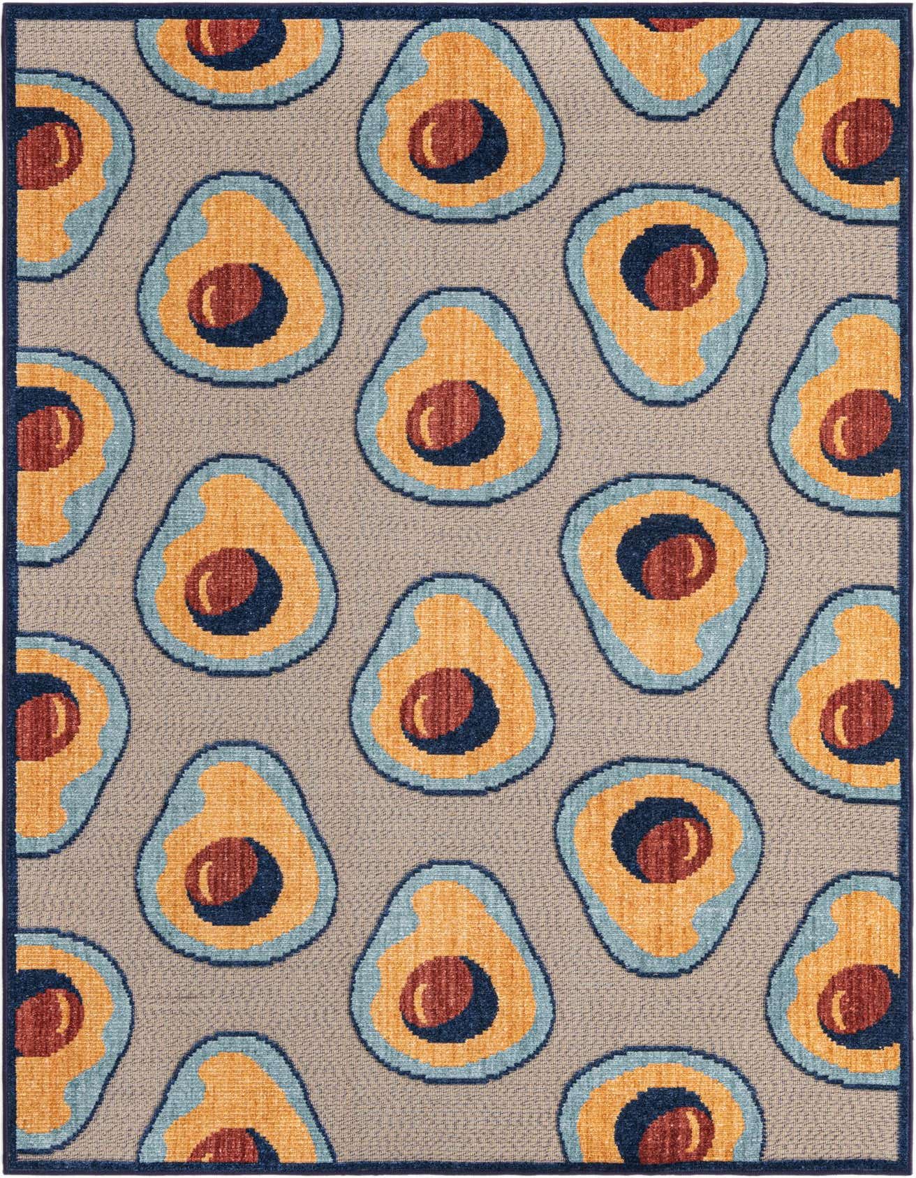 A 5x8 rectangular indoor/outdoor rug with a modern avocado pattern in tan, orange, blue, and brown.