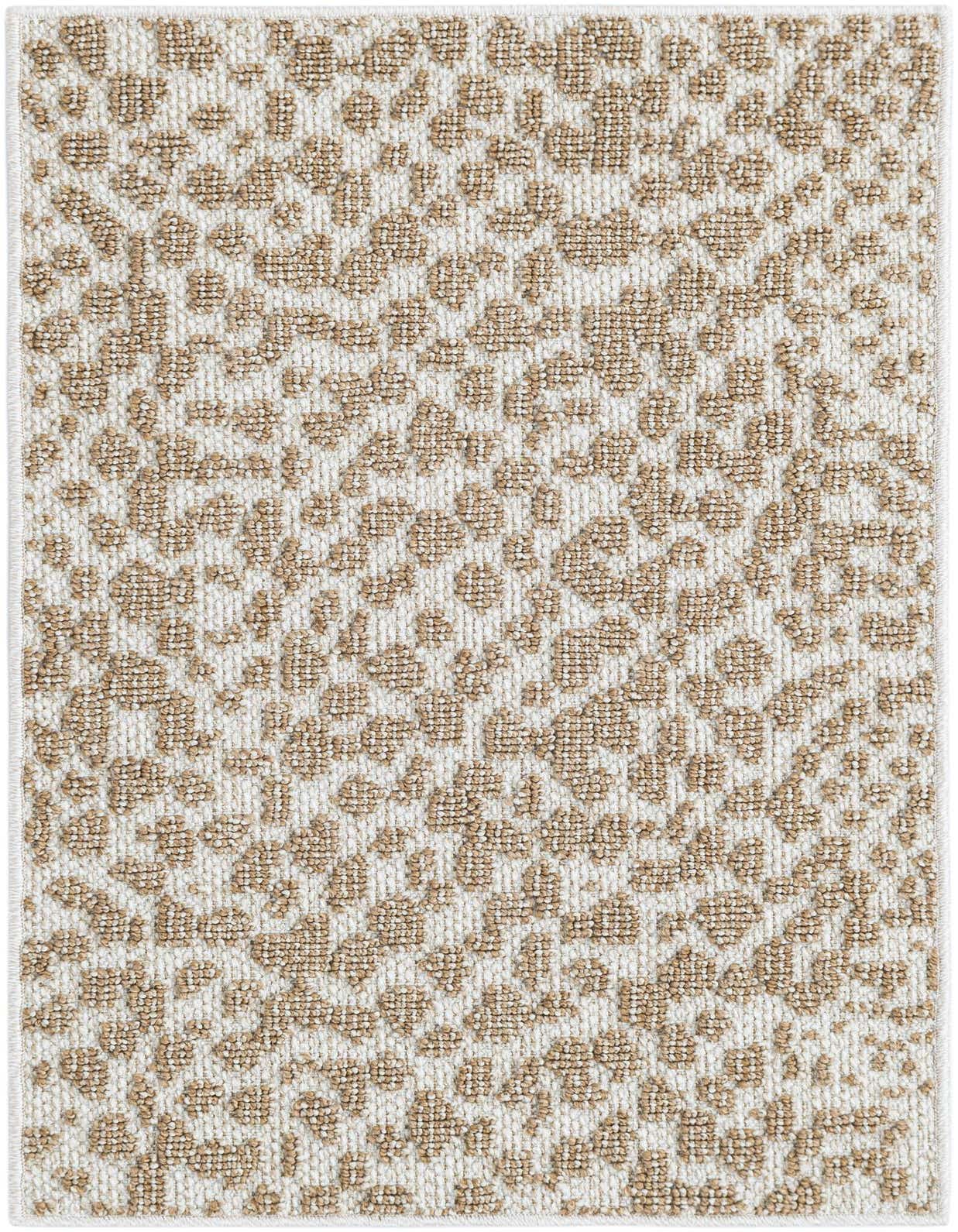 A 2x3 rectangular indoor/outdoor rug featuring an abstract, modern pattern in varying shades of brown and cream.
