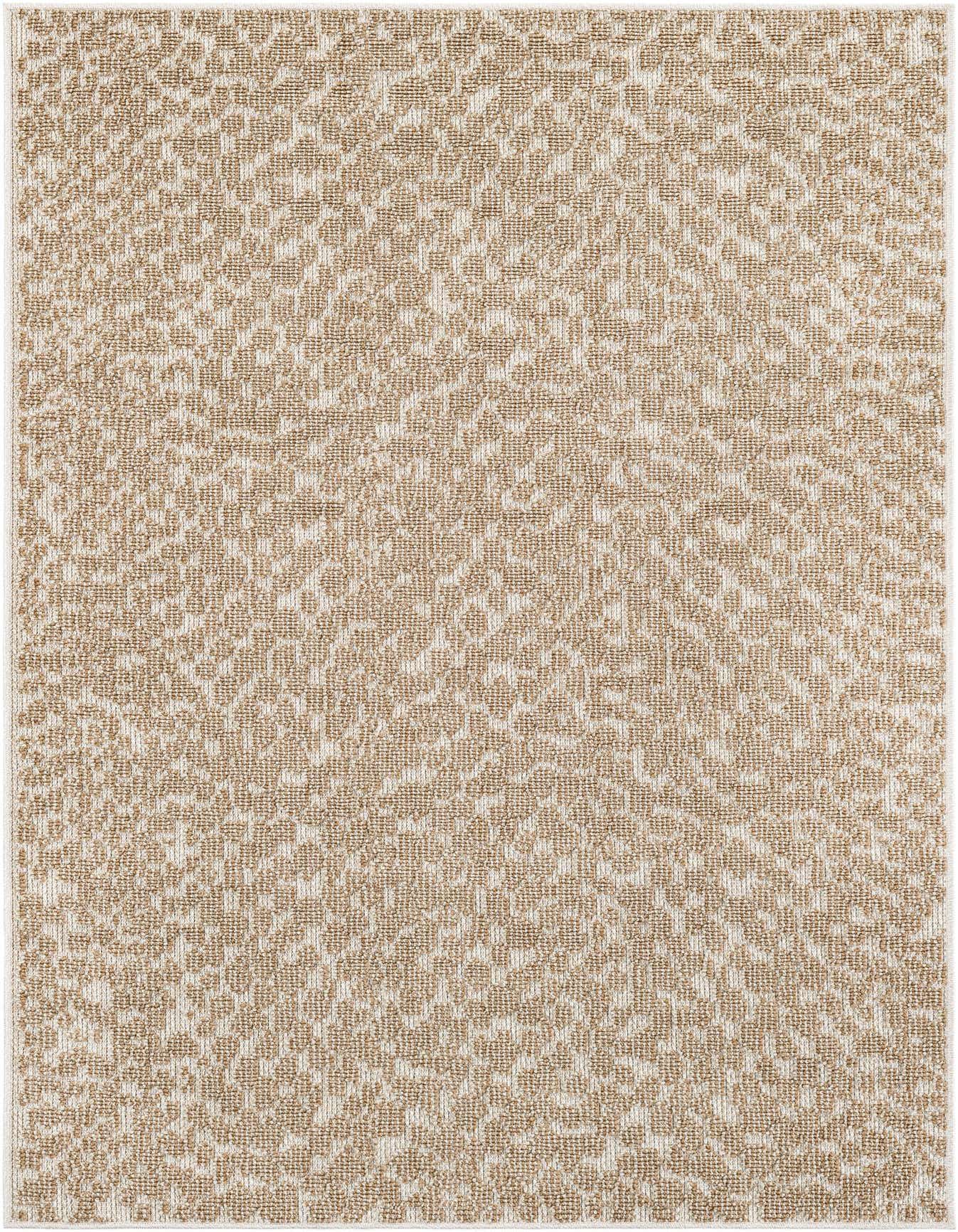 A 4x6 rectangular indoor/outdoor rug featuring an abstract pattern in varying shades of brown and cream.