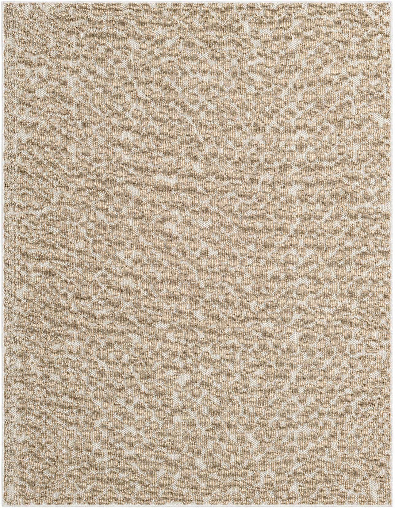 A 5x8 rectangular indoor/outdoor rug featuring an abstract pattern in varying shades of brown, tan, and cream.