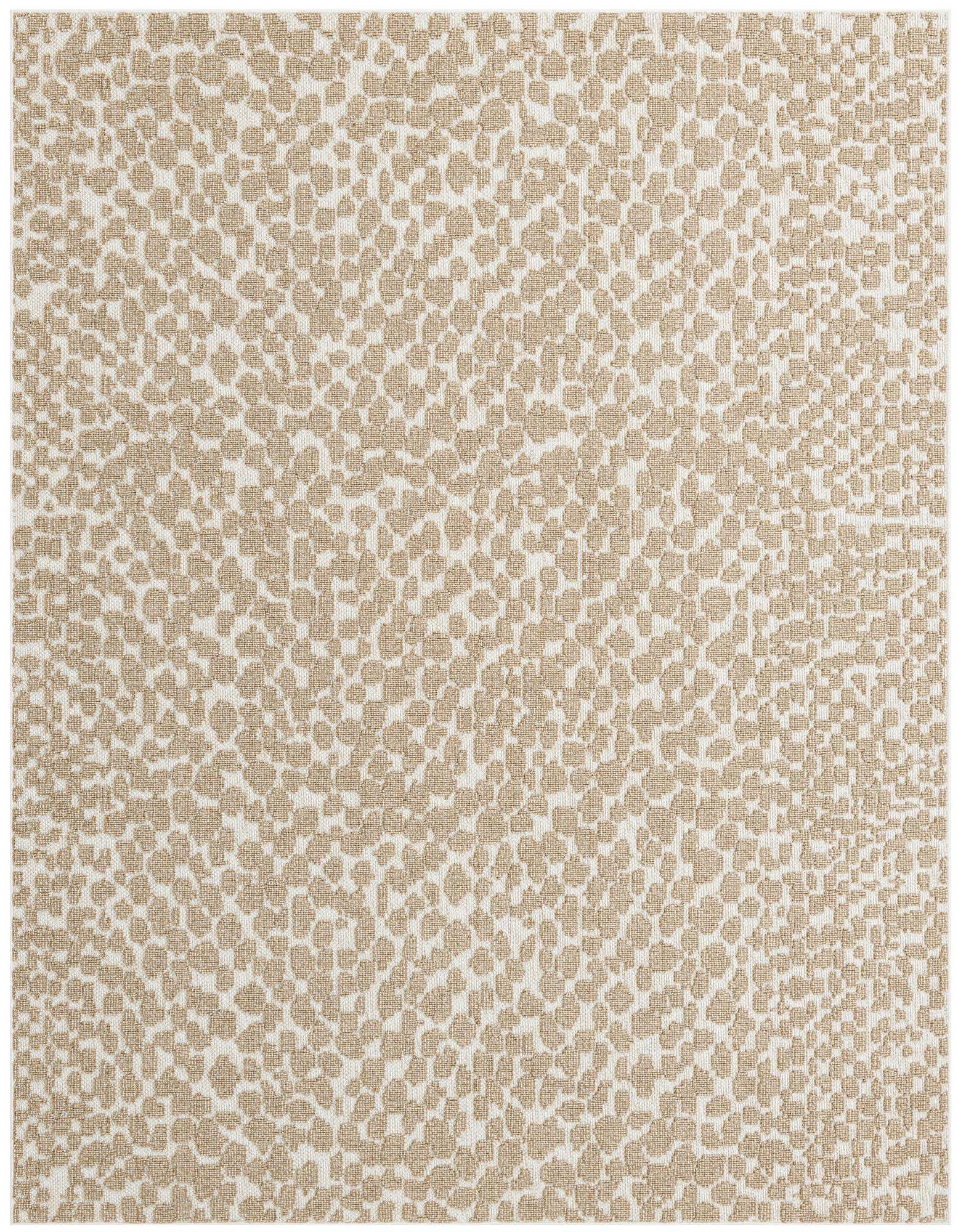 A rectangular 8x10 indoor/outdoor rug with a modern abstract pattern in brown and ivory tones.