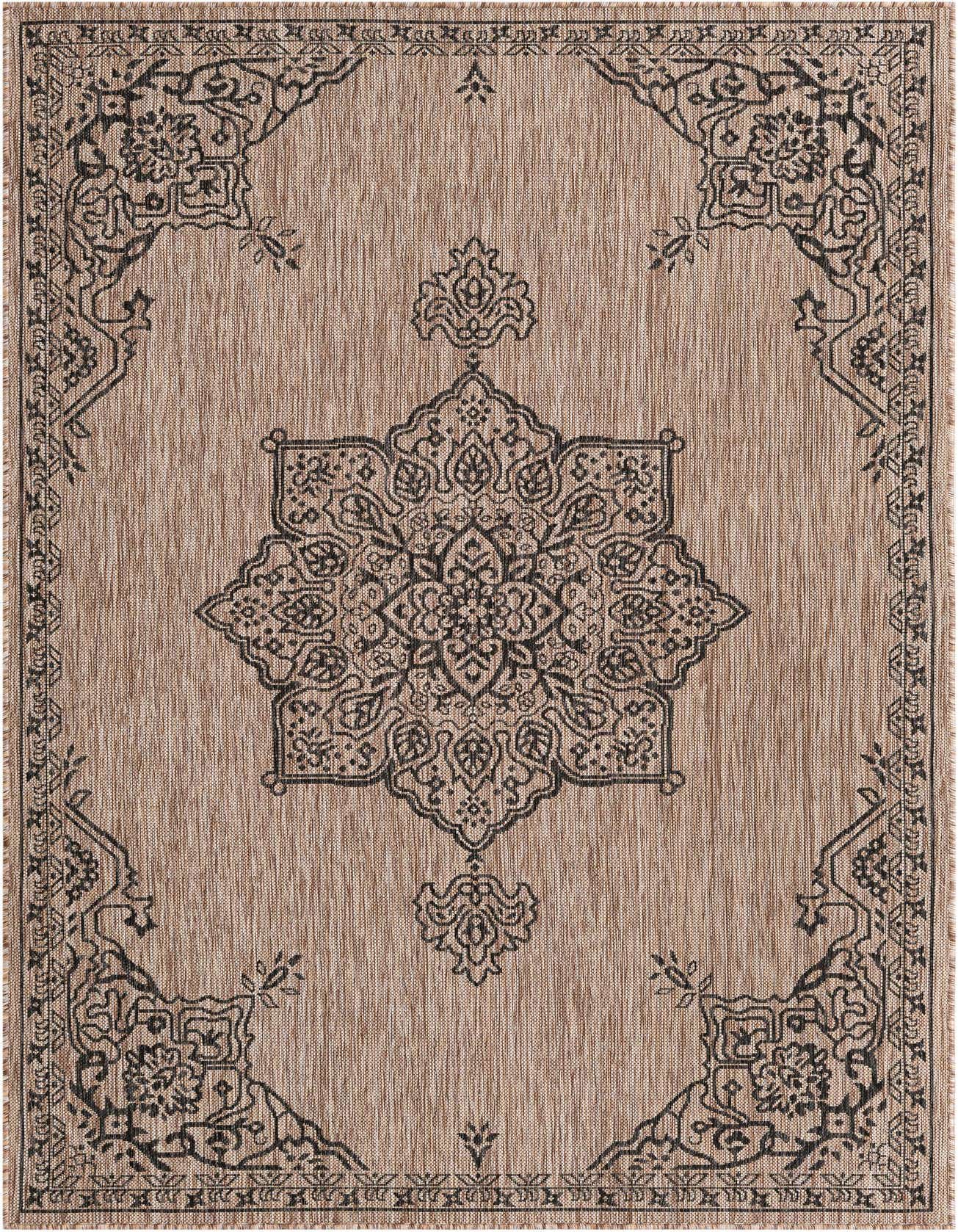A 5x8 rectangular brown and ivory flatweave rug with a traditional medallion pattern, suitable for indoor or outdoor use.