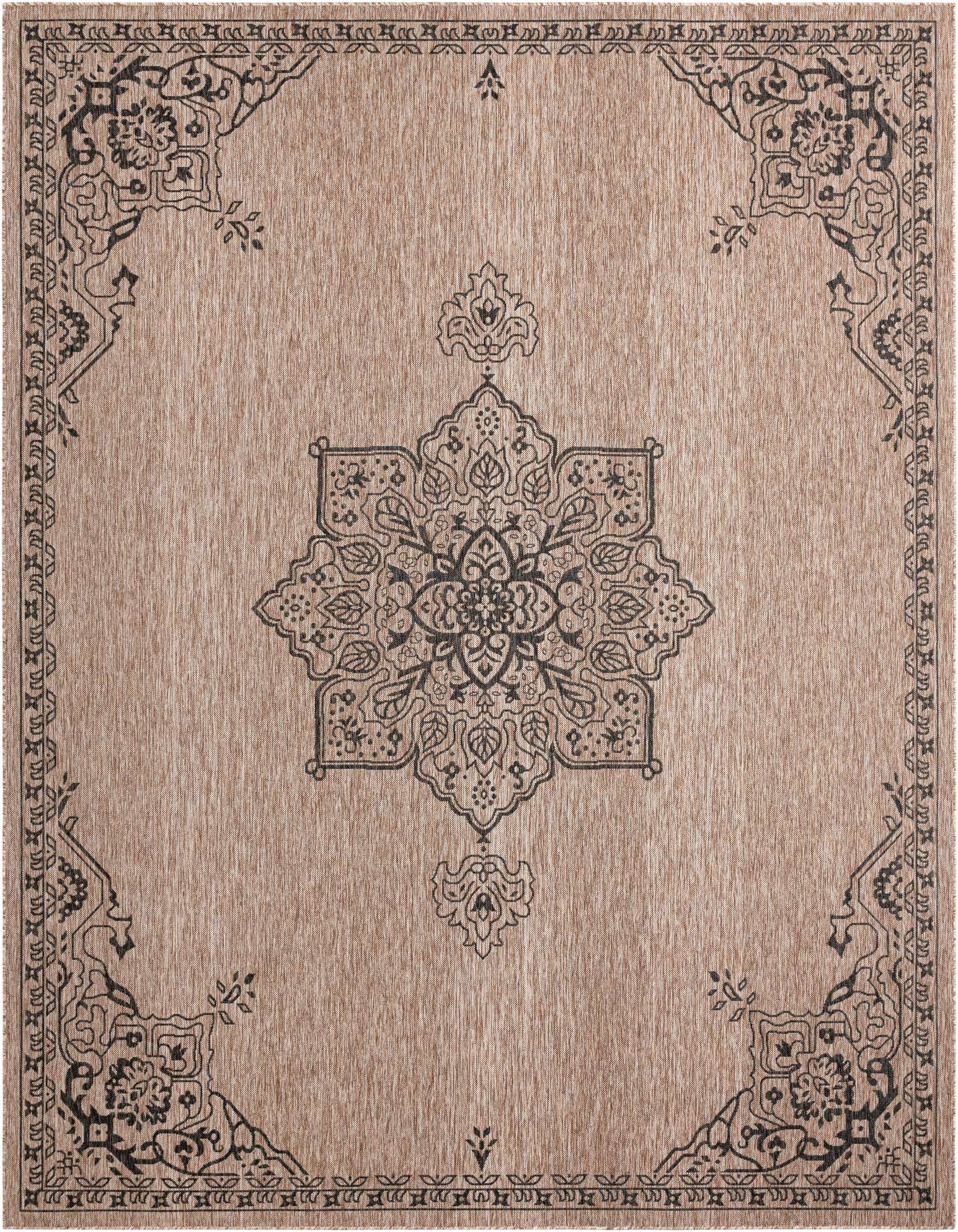 A 10x13 rectangular brown and cream indoor/outdoor rug with a traditional medallion and border pattern.