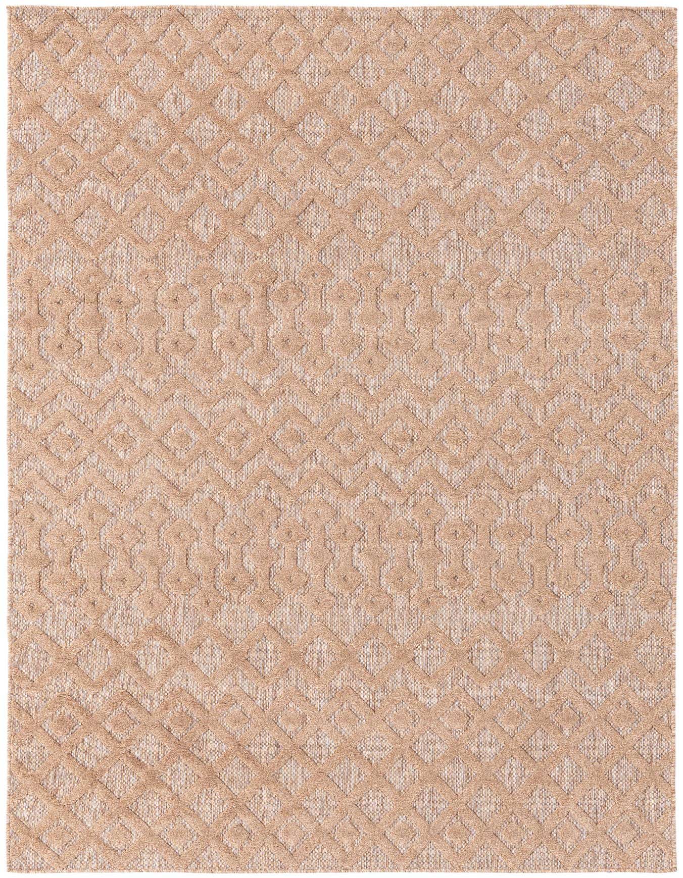 A 6x9 rectangular indoor/outdoor rug featuring a textured tribal trellis pattern in varying shades of brown and tan.