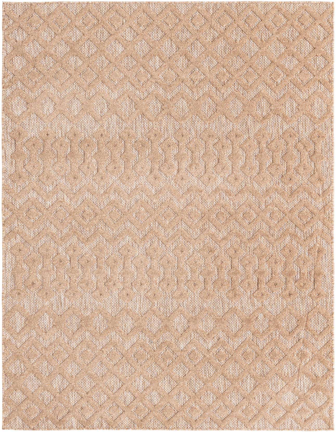 A 5x8 rectangular brown and ivory tribal trellis rug with a textured high-low pile.