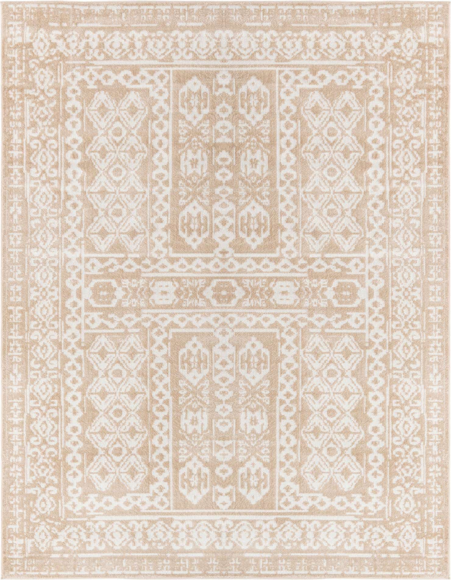 A 9x12 rectangular Oxford collection rug by Rugs.com, featuring a bohemian tribal pattern in brown and ivory.