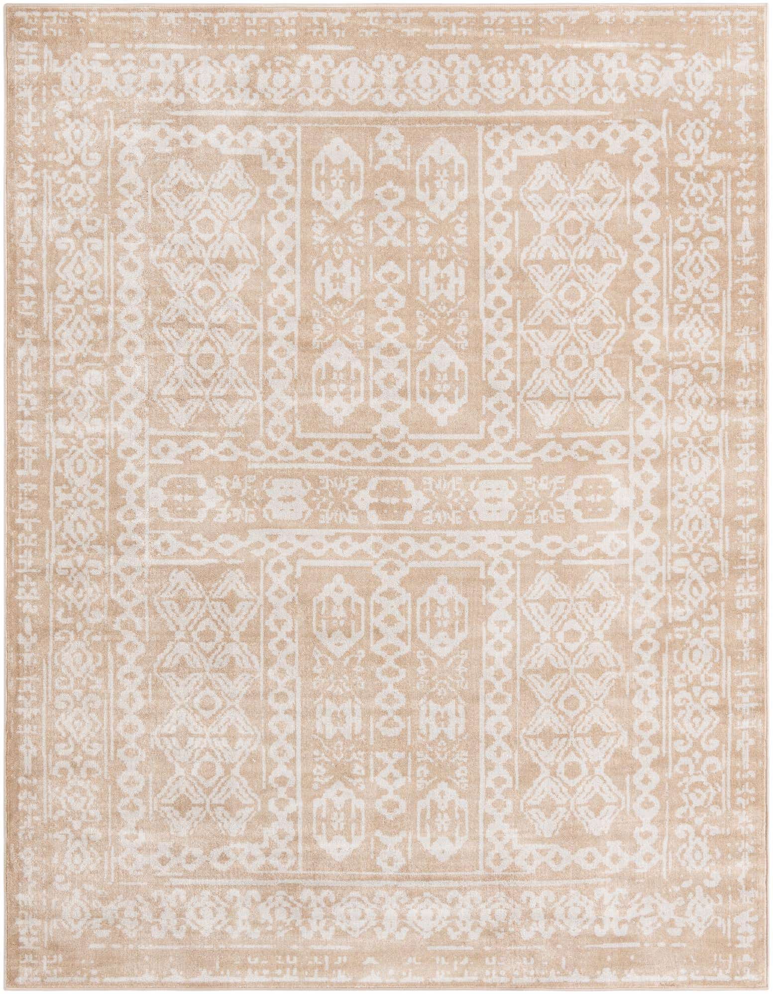 An 8x10 rectangular Oxford rug with a distressed bohemian pattern in tan and cream, ideal for a living room.