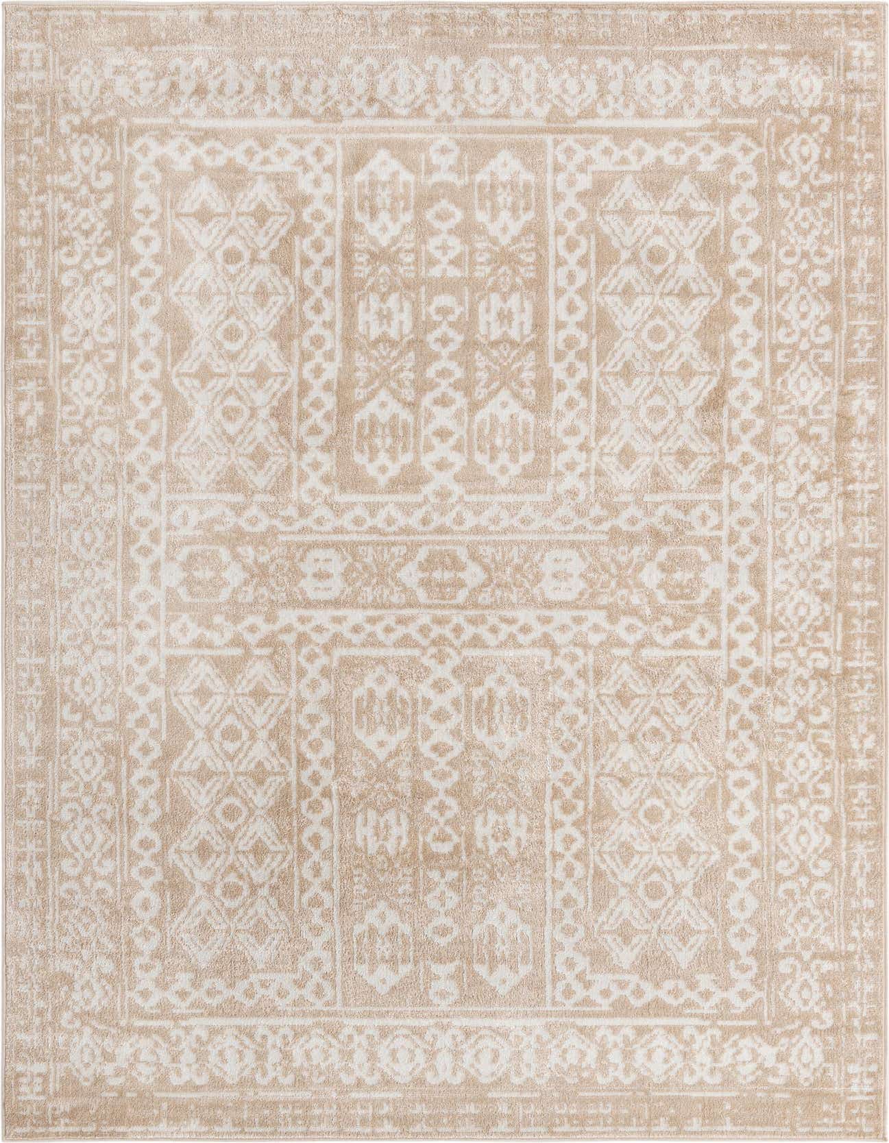 A 6x9 rectangular Rugs.com Oxford rug featuring a distressed bohemian tribal pattern in shades of brown, tan, and ivory.