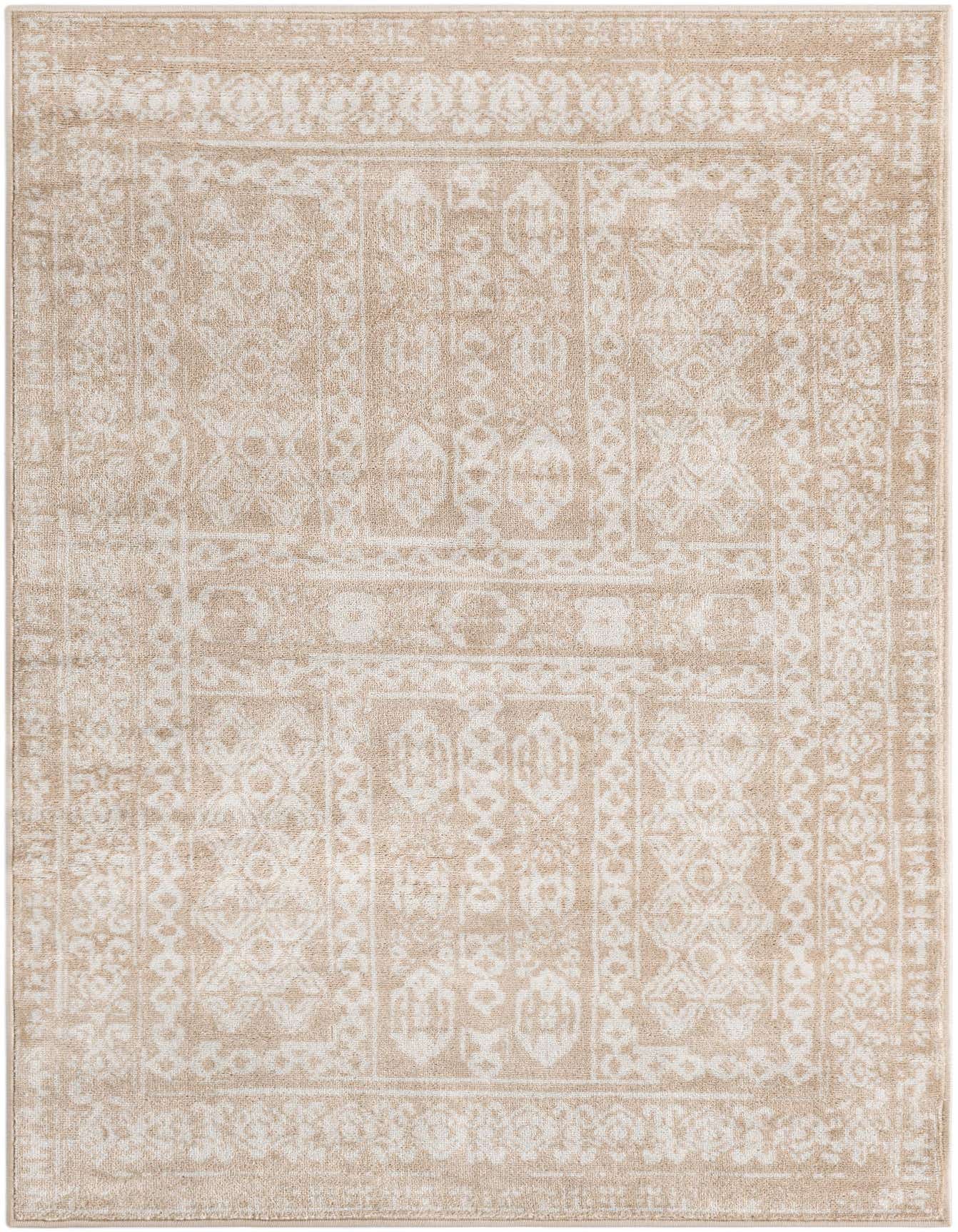 A 4x6 rectangular brown and ivory bohemian rug with a distressed traditional pattern, suitable for a living room.